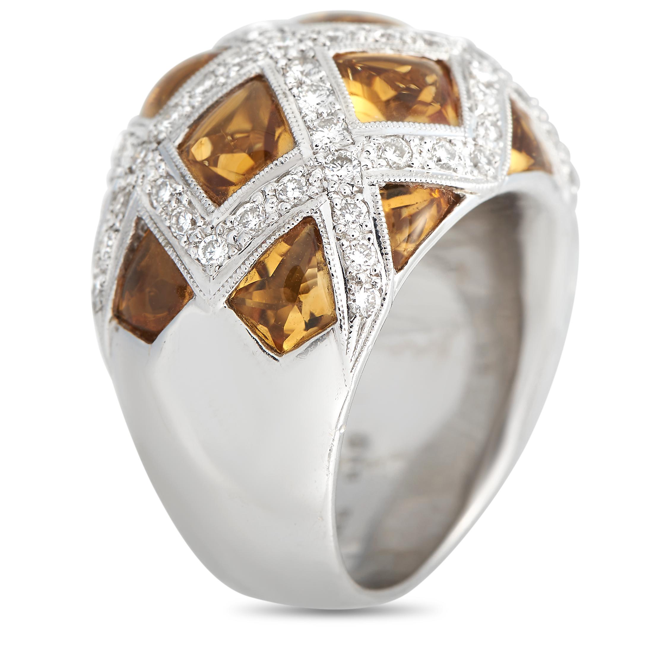 At the top of this exquisite ring, a classic lattice pattern beautifully showcases a captivating array of Citrine gemstones with a total weight of 8.70 carats. Diamond accents totaling 1.49 carats add extra sparkle to this breathtaking accessory.