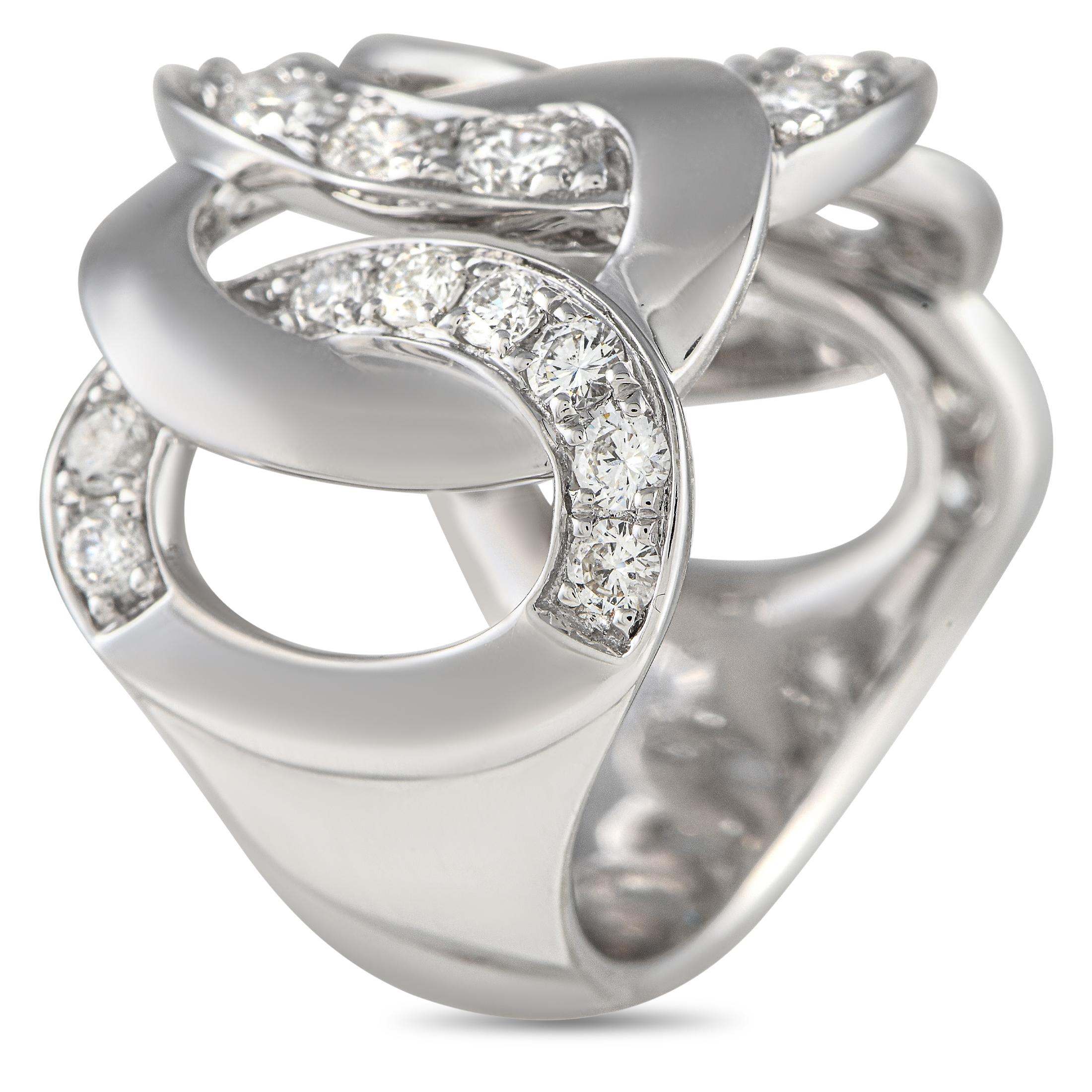 Cut-out accents add depth and dimension to this stylish 18K White Gold ring. The sleek setting is elevated by sparkling diamond accents, which possess a total weight of 1.50 carats. Ideal for any occasion, it features a 5mm wide band and an
