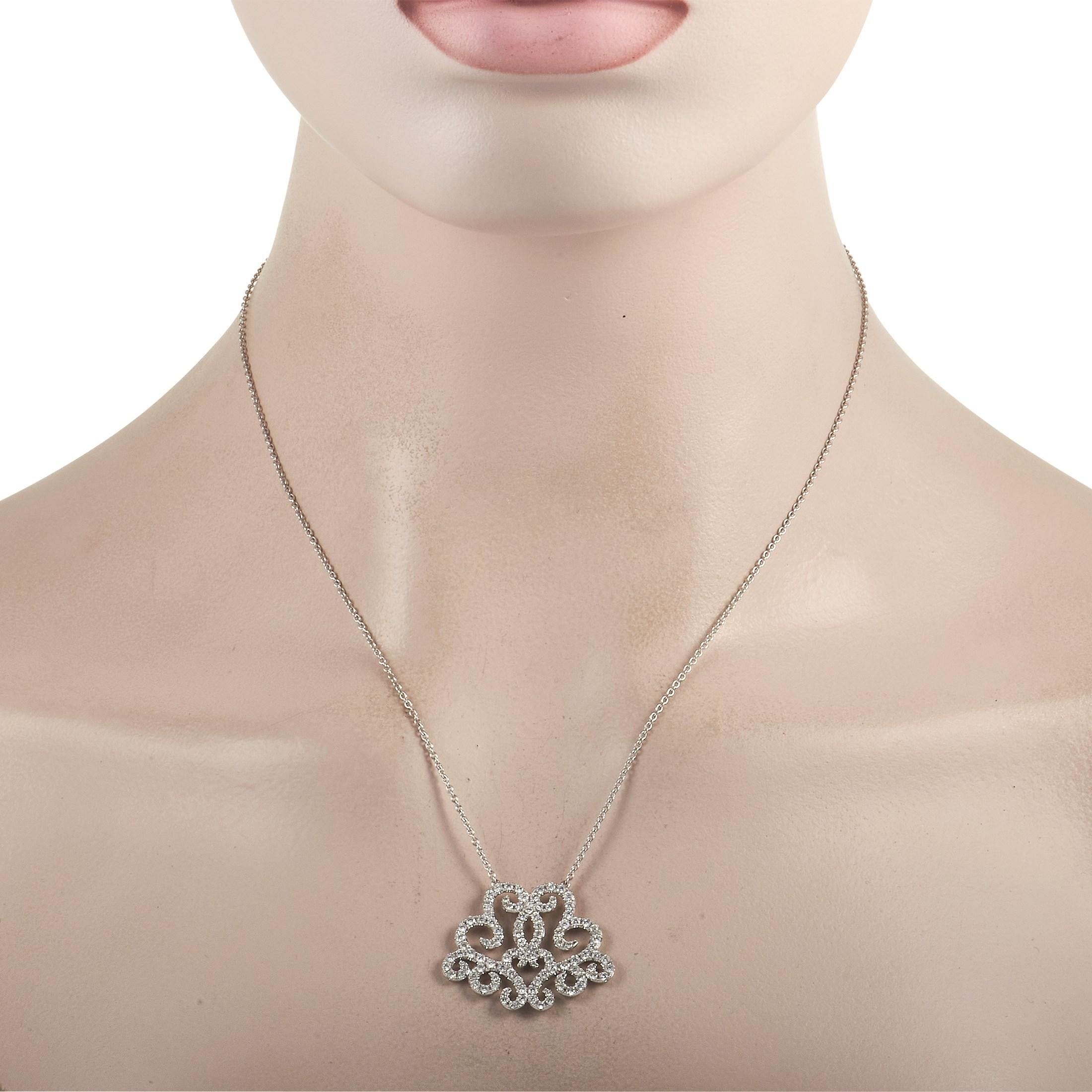 An artfully designed jewel, this LB Exclusive 18K White Gold 1.81 ct Diamond Lace Pendant Necklace makes a dainty but dazzling accessory. The pendant is fashioned from 18K white gold and sculpted to form an ornamental lacework design. The pendant