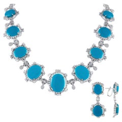 LB Exclusive 18K White Gold 18.27 Ct Diamond and Turquoise Necklace and Earrings LB Exclusive 18K White Gold 18.27 Ct Diamond and Turquoise Necklace and Earrings