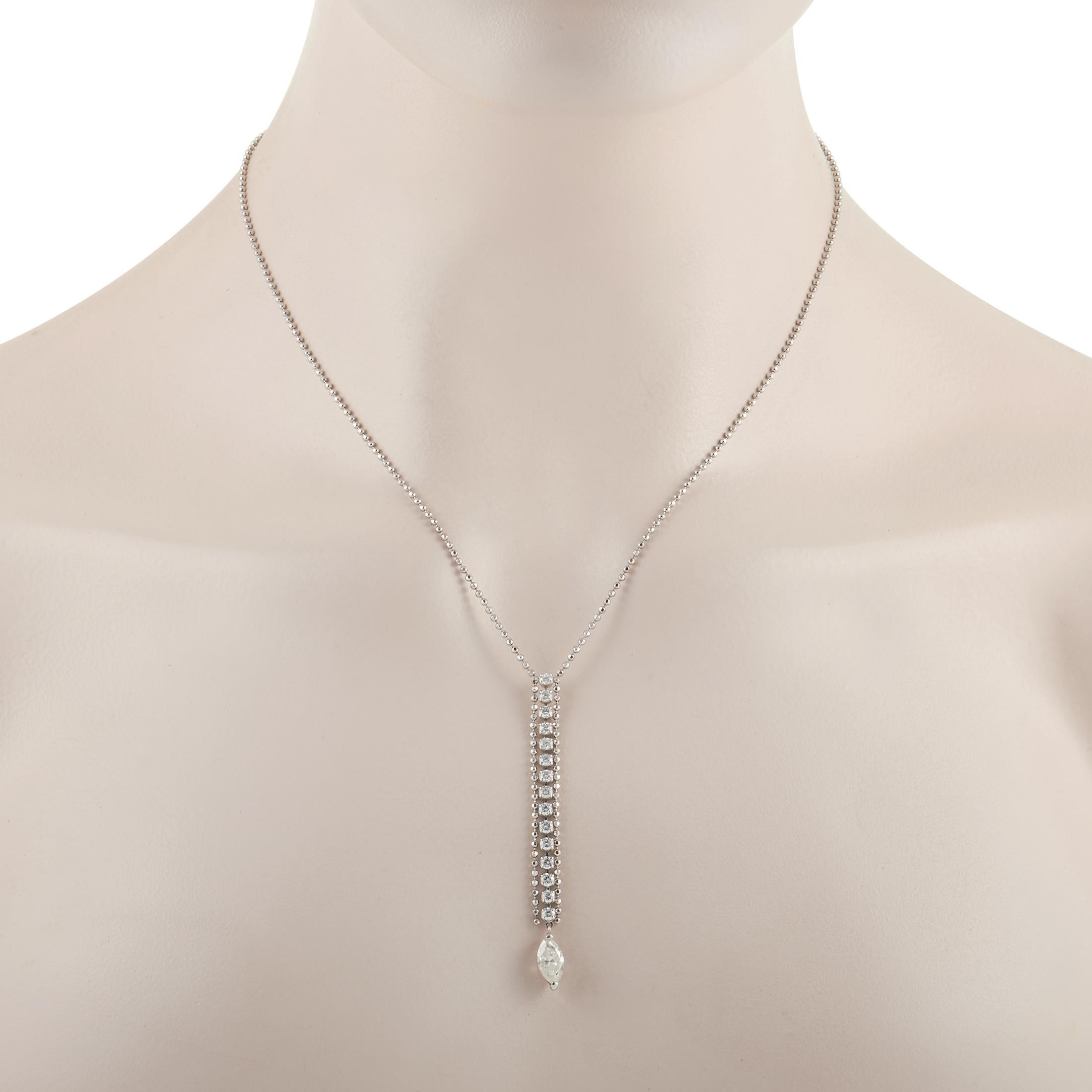 This LB Exclusive 18K White Gold 1.85 Carat Diamond Necklace is a gorgeous statement piece. The necklace is crafted with a simple 18K white gold chain that highlights the diamond drop pendant. The pendant measures 2.5 inches in length by 0.19 inches
