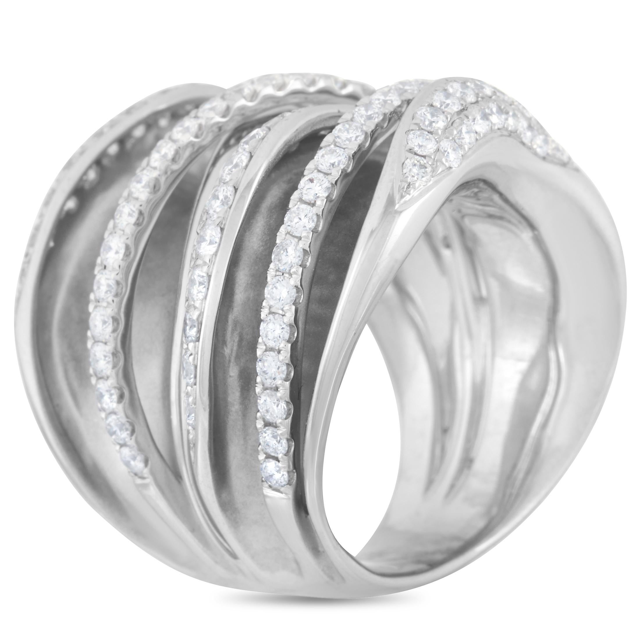The LB Exclusive 18K White Gold 1.90 carat Diamond Multi-Row Crossover Ring features overlapping rows of diamonds and polished 18K white gold. The ring's top dimensions measure 24mm by 22mm and features the mesmerizing crossover of sparkle and