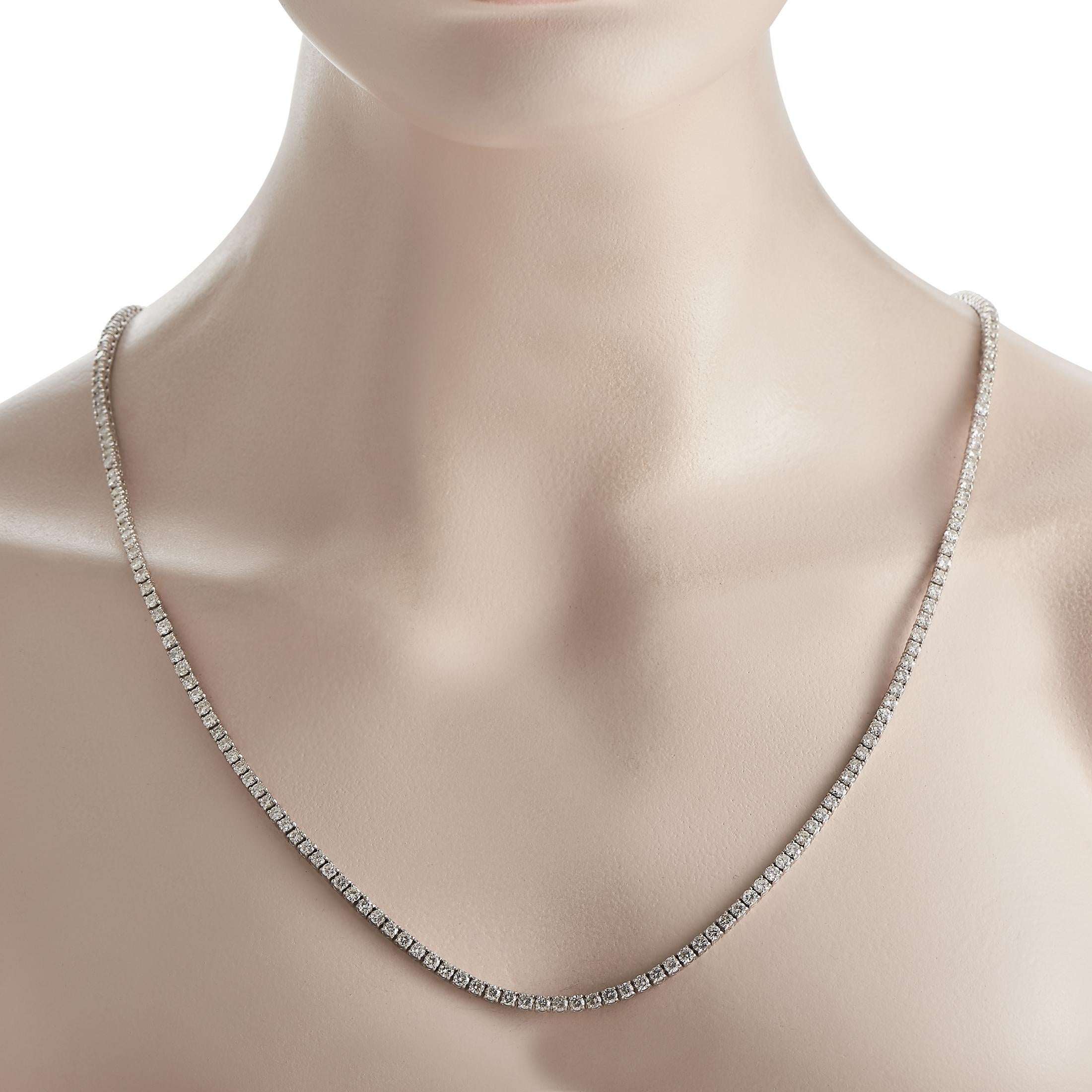 With captivating brilliance, this long tennis necklace is undoubtedly a standout choice for a special occasion. This piece is finely crafted in 18K white gold and features round diamonds in individual prong settings linked together to form a