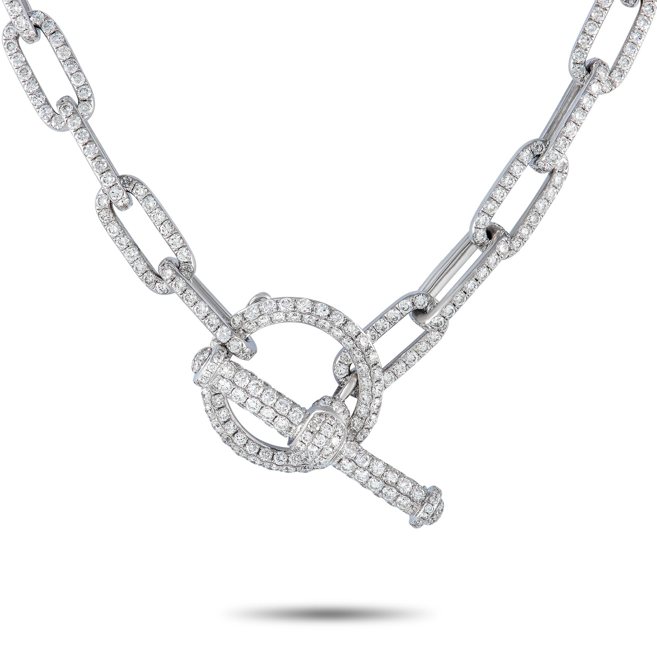 Add instant glamor to any outfit with this diamond link necklace in white gold. The 20.5-inch long necklace features a chain of rounded rectangular links encrusted in diamonds and in a smooth, polished finish. A diamond-embellished round link acts