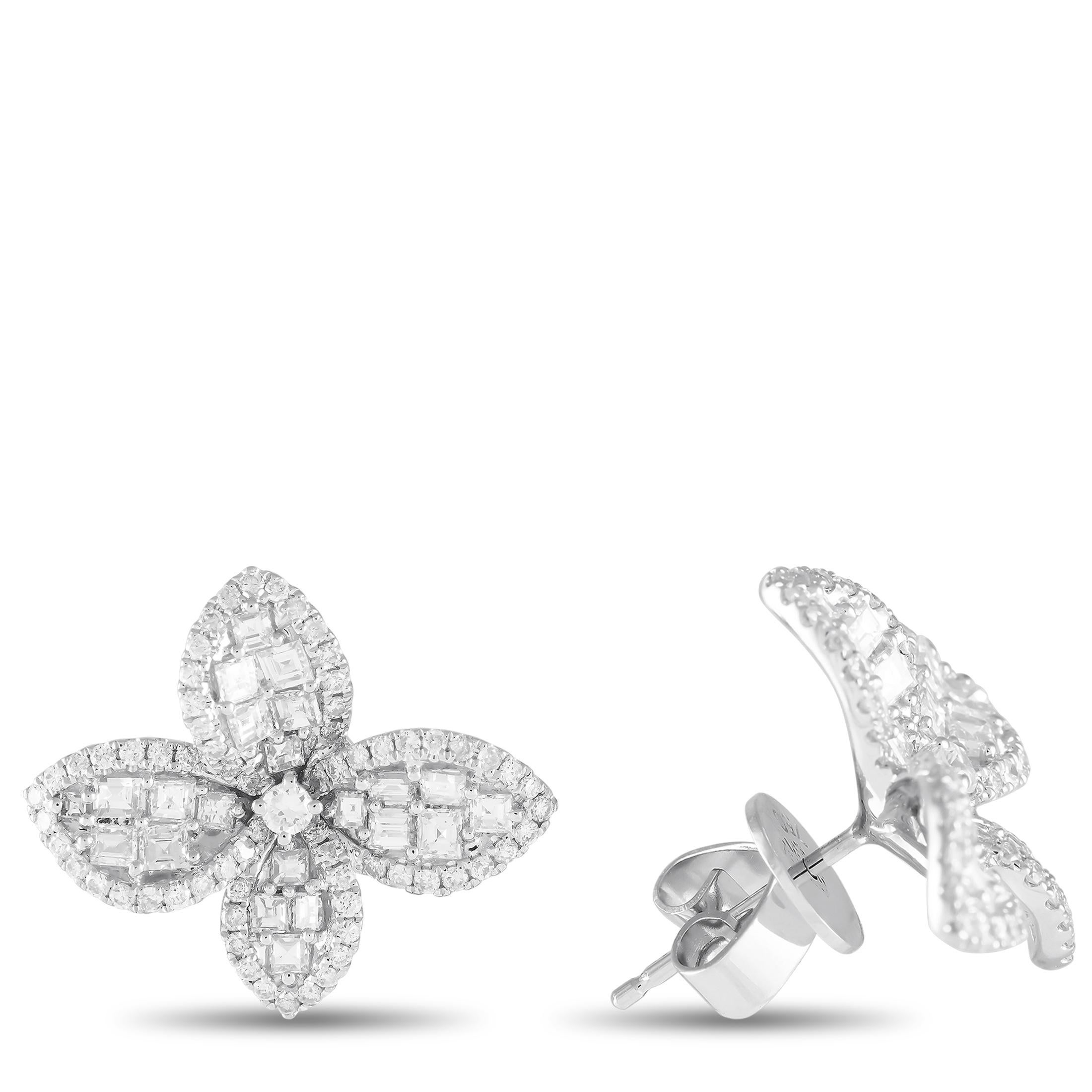 A stunning bloom-inspired sparkler that can be worn for a variety of special occasions, including cocktail parties and date nights. Each earring is fashioned in 18K white gold and has a four-petal flower shape. Round diamonds trace the edges of each