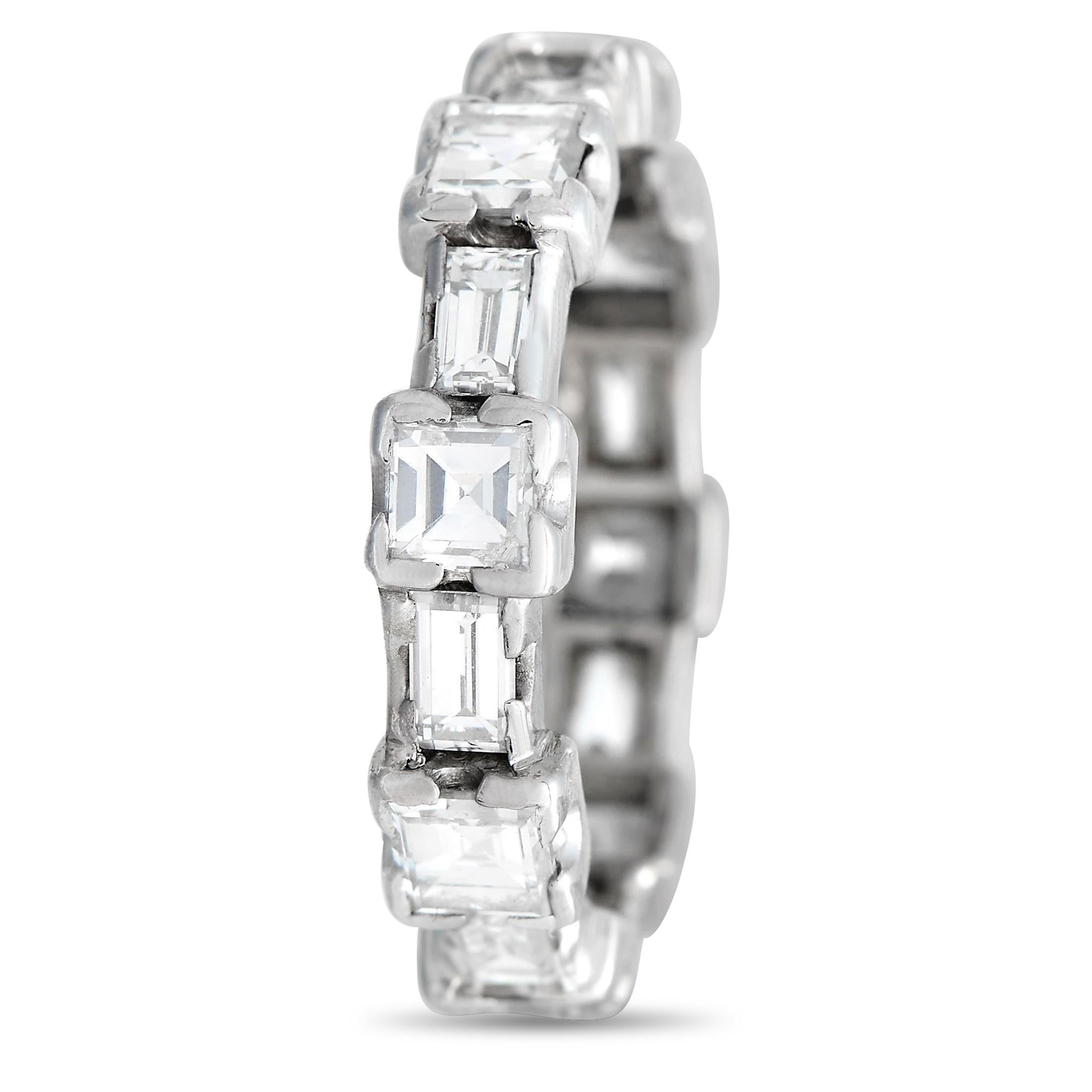 You'll find yourself falling in love with the geometric quality of this diamond ring. On a 4mm white gold band are alternating diamonds in two different cuts. Their faceted beauty flatters the finger and offers an edgier sparkle. This ring weighs