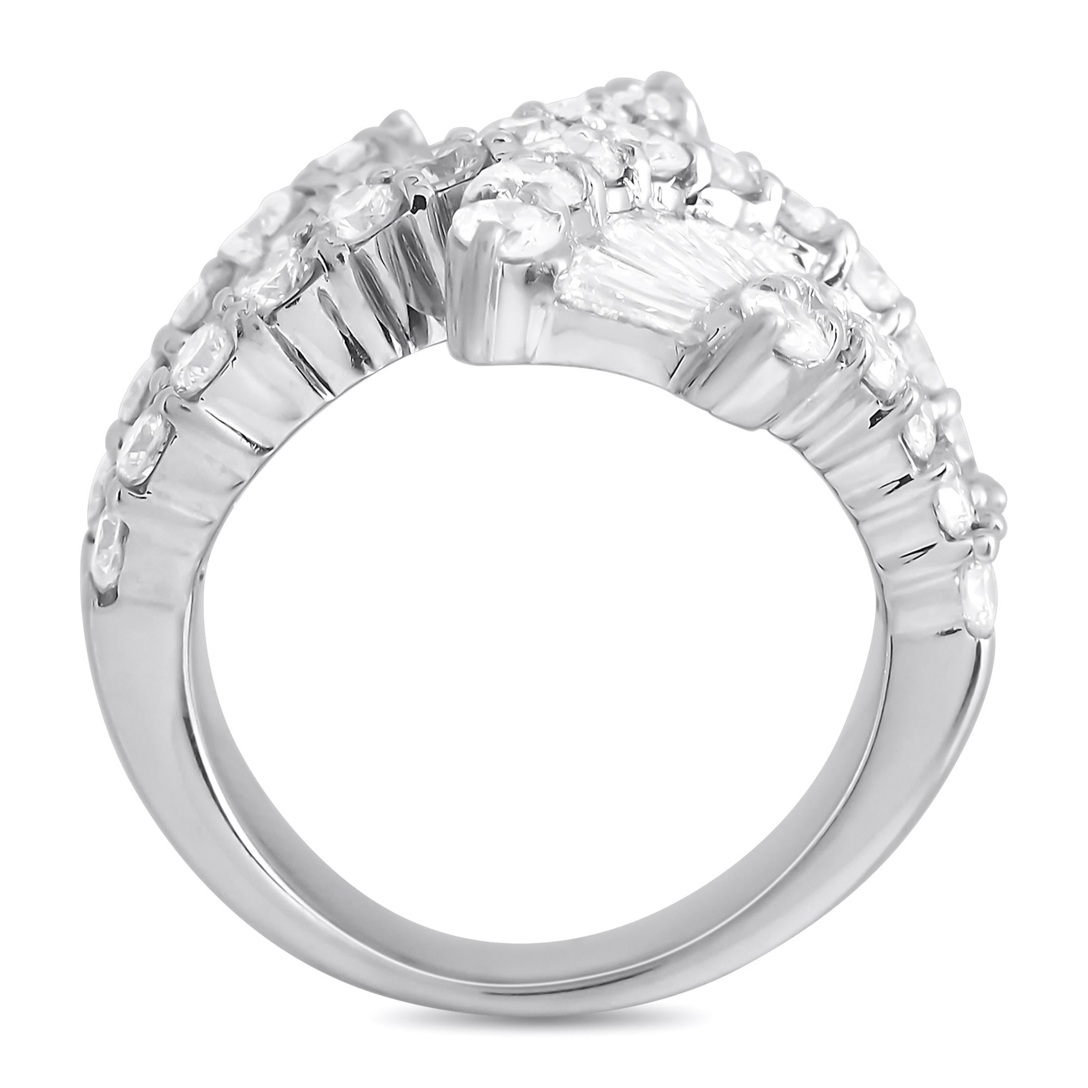 You just can't deny that this diamond ring bears a sophisticated look. The LB Exclusive 18K White Gold 2.50 ct Diamond Fan Bypass Ring features a semi-wide band at 5mm thick. It has an elegantly curving bypass design with a flared fan-like formation