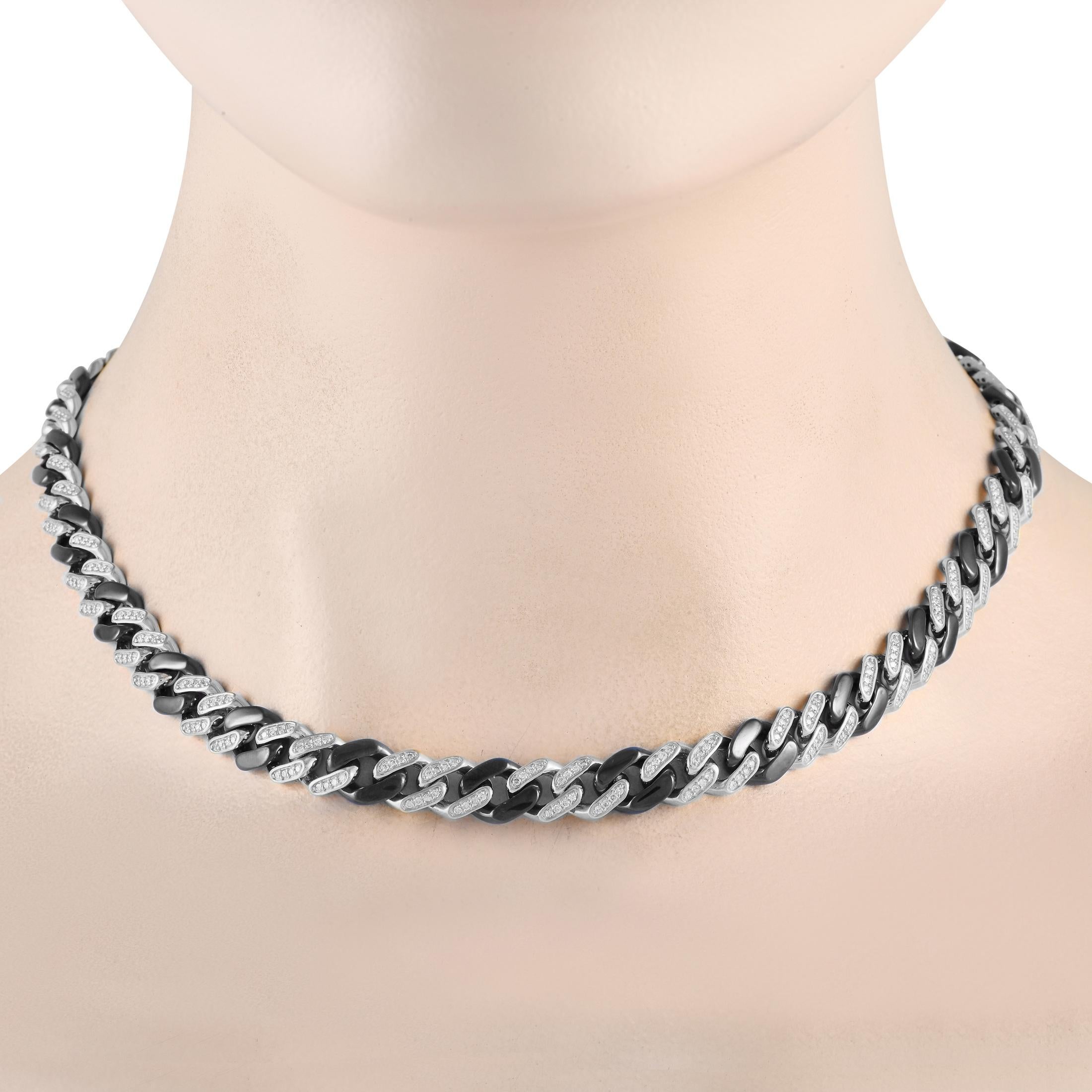 Looking for a bold finishing touch to polish a dressed-up look? This curb chain diamond necklace is the key. It features a 17.5-long chain of curb links, alternating between diamond-set white gold link duos and a blackened link.  This LB Exclusive
