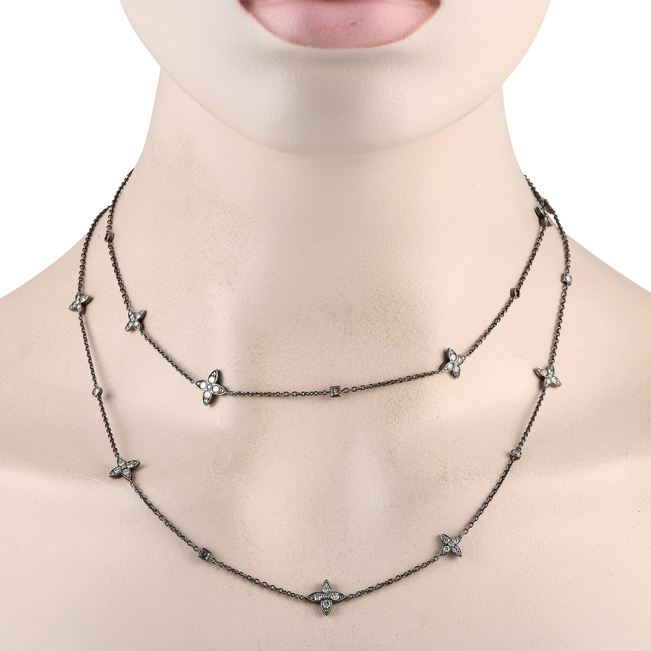 A dark, dramatic 18K White Gold setting measuring 36” long makes this unique necklace a piece that will continually capture your imagination. Stylish and understated all at once, it comes complete with sparkling diamonds totaling 2.75 carats. 
