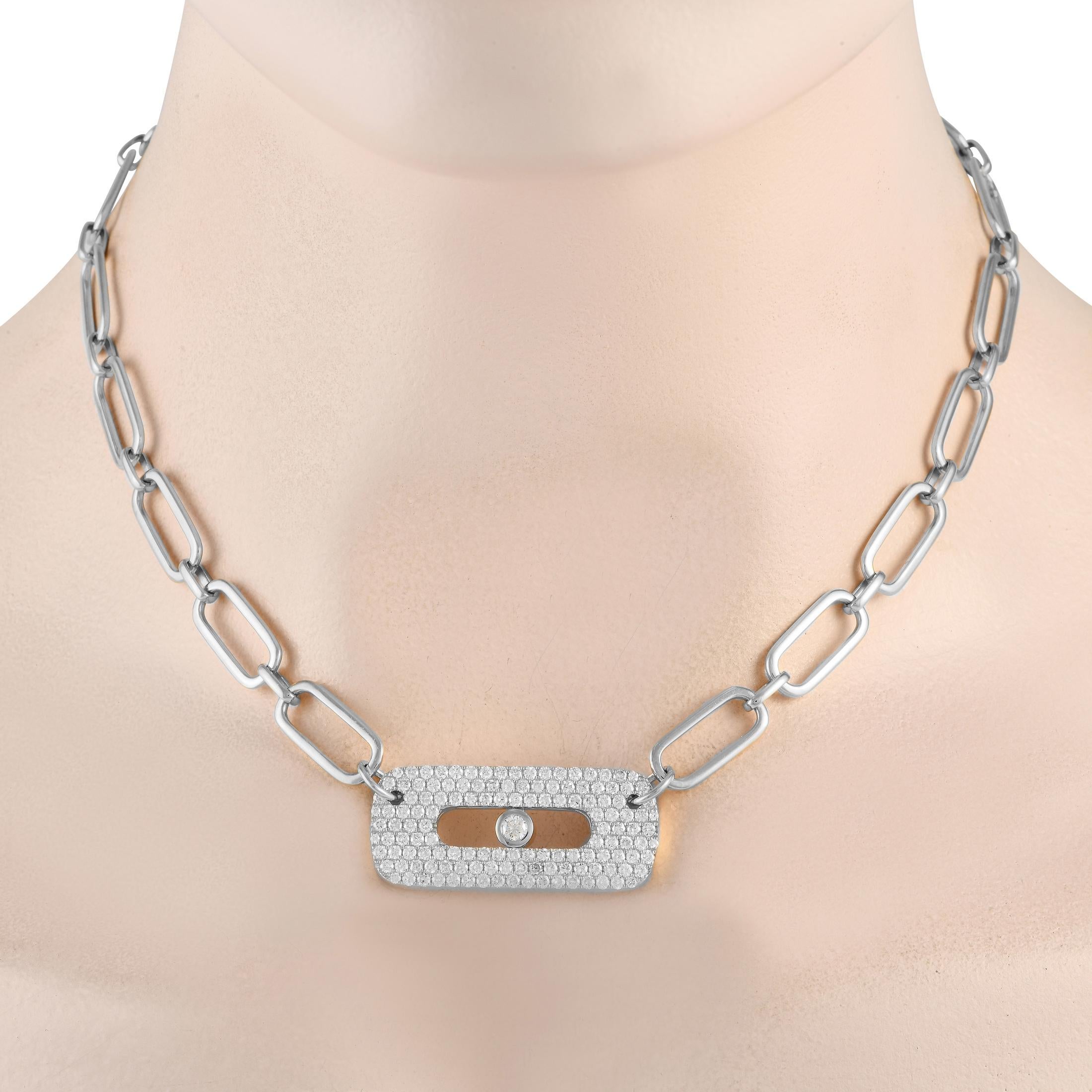 This unique necklace features a decidedly modern aesthetic. Positioned at the center of a bold 18K White Gold chain measuring 16” long, you’ll find a sleek pendant that comes to life thanks to round-cut diamonds with a total weight of 3.0 carats.