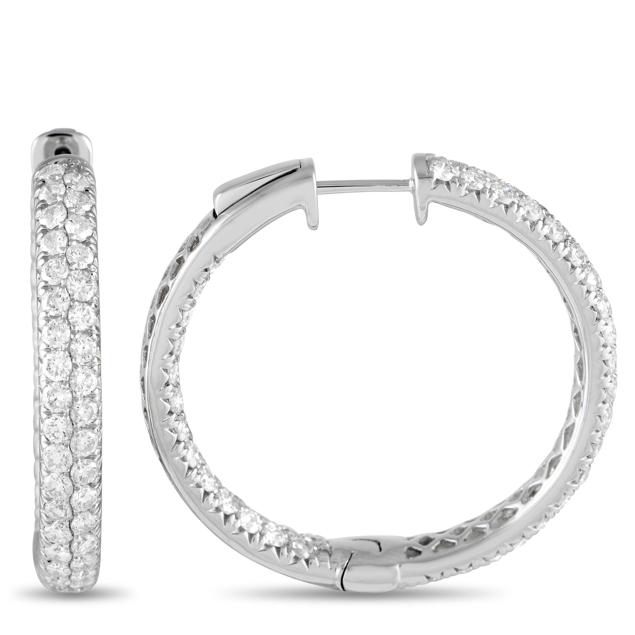 These hoops deliver tons of sparkle and style. Designed with an inside-out layout of diamonds, each hoop has its outer front and inner front-facing back lined with two rows of diamonds. These diamond hoops are sure to give your evening dress a