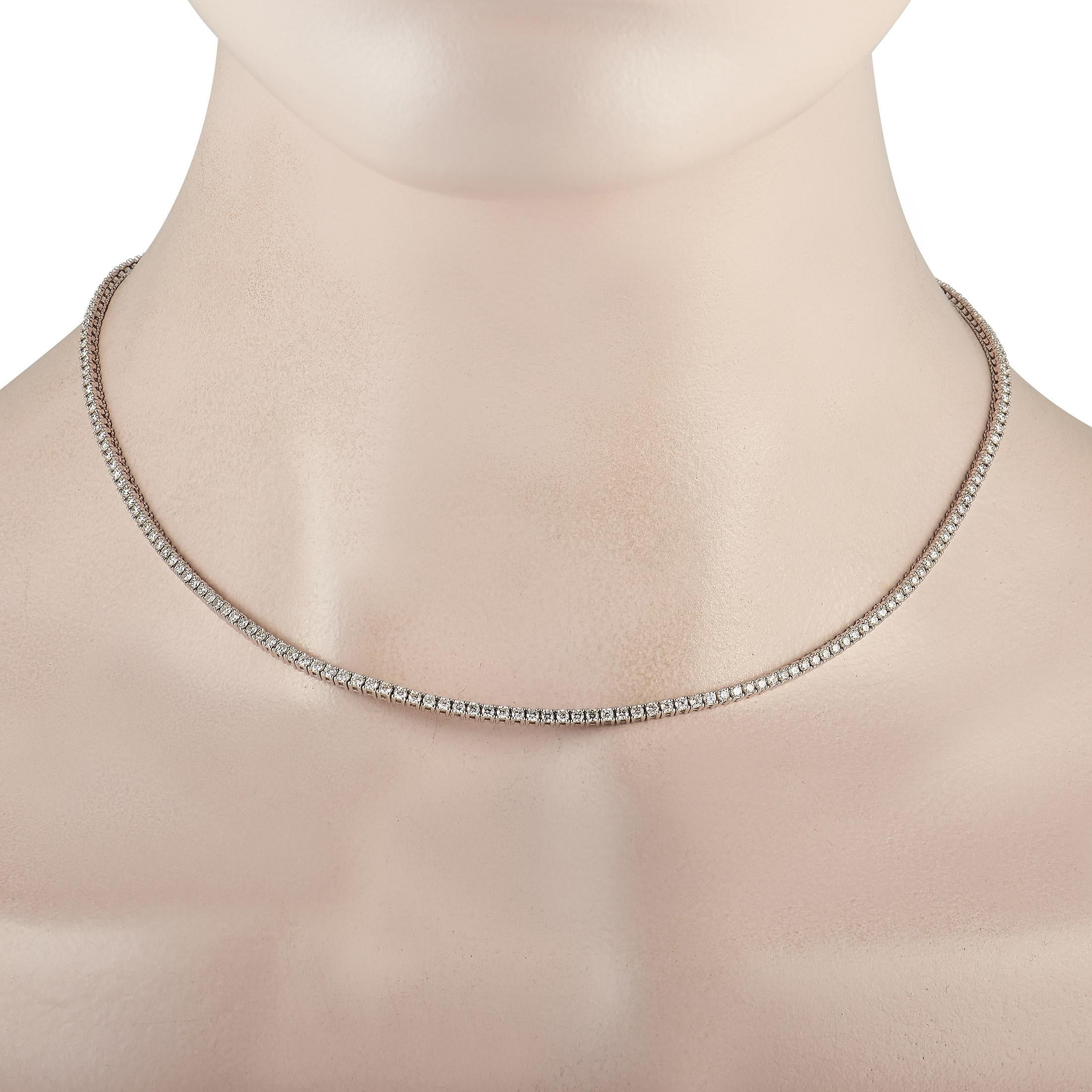 Round-cut diamonds totaling 4.36 carats allow this sleek, sophisticated necklace to effortlessly catch the light. A versatile piece that will elevate any ensemble, it features a minimalist setting made from 18K White Gold and measures 17.5” long.