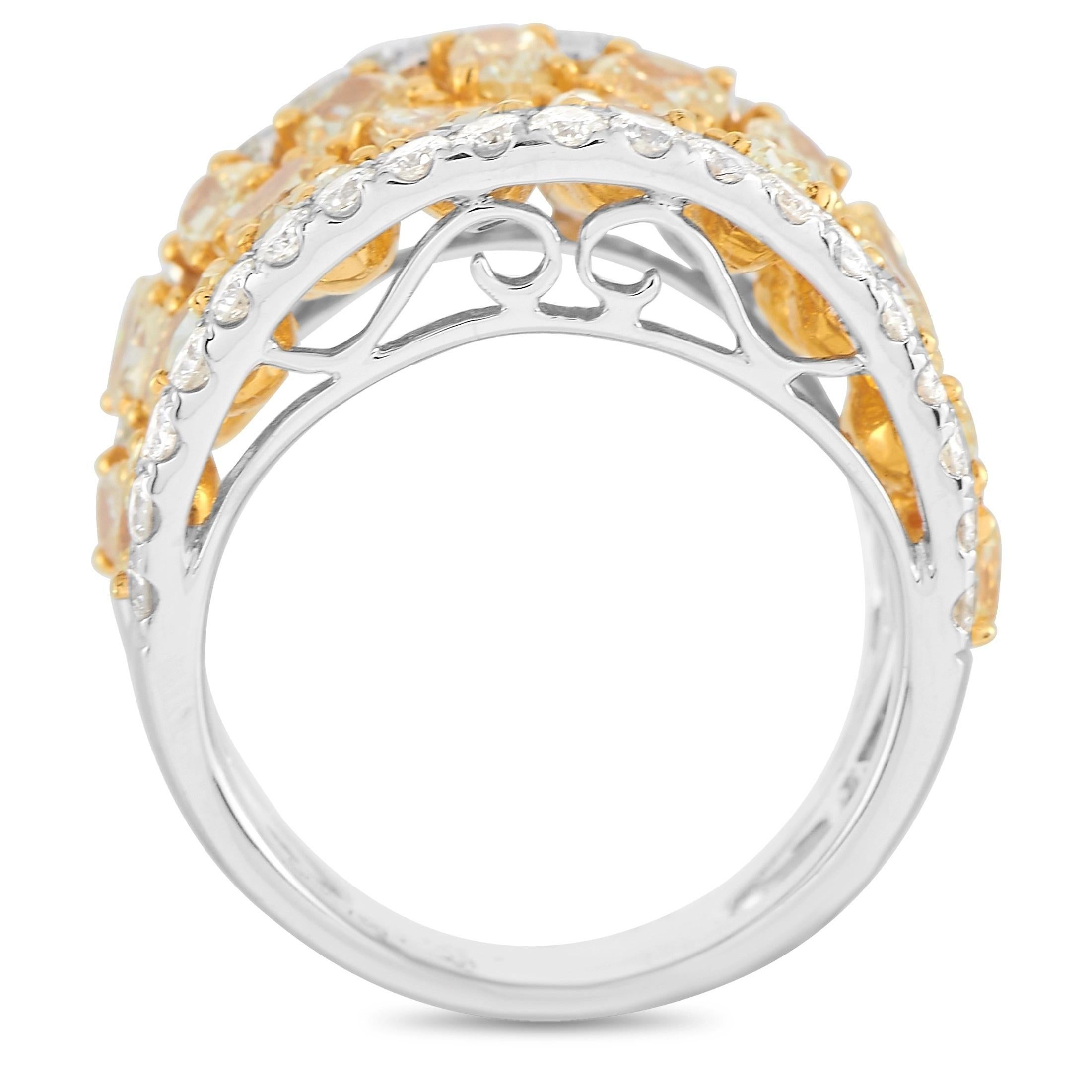 Designed to radiate glamour, no doubt!. The LB Exclusive 18K White Gold 5.06 ct Diamond Wide Band Ring is exquisitely crafted to feature 3.94 carats canary diamonds with an intriguing yellow brilliance. Pavé diamonds border the top and bottom edges