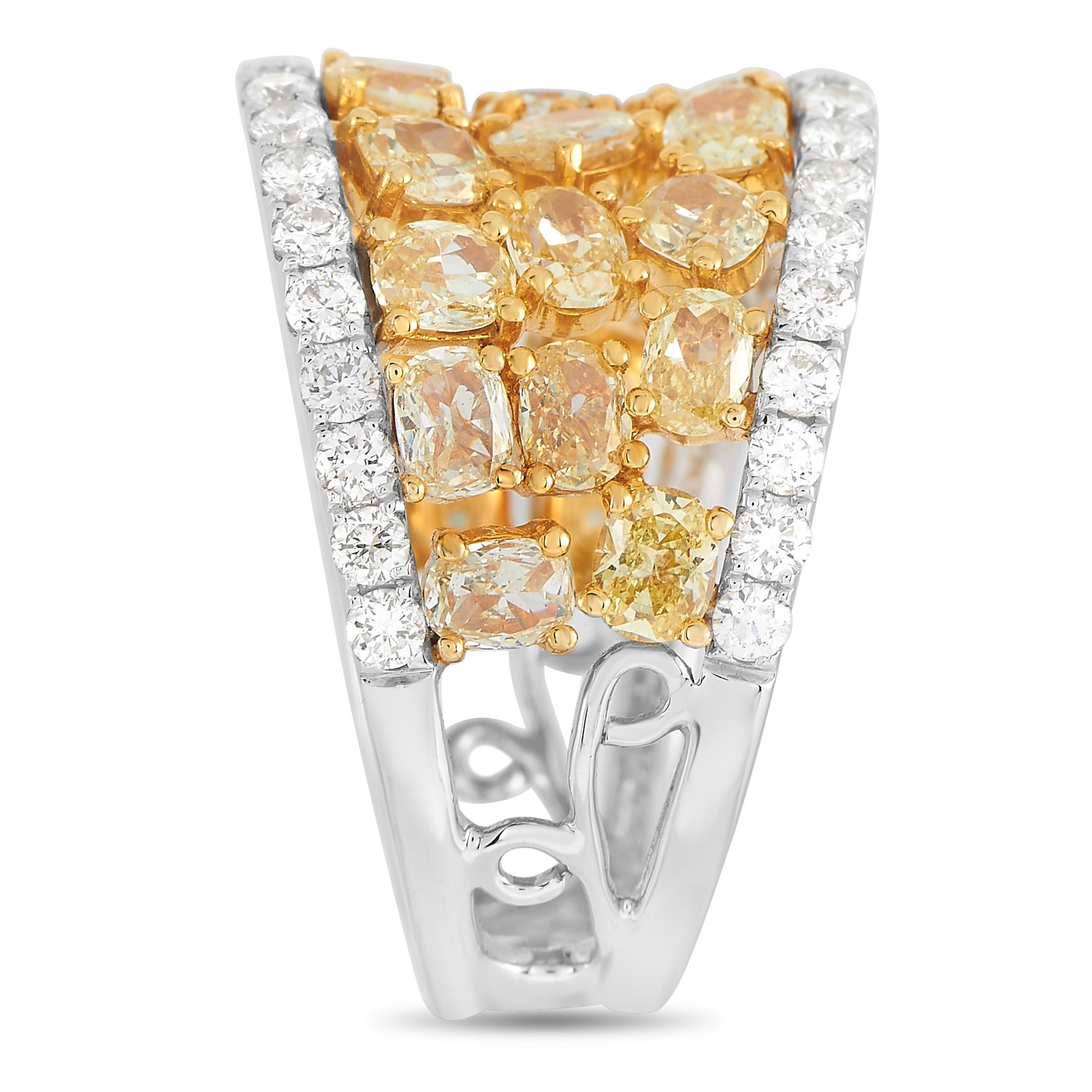 Round Cut LB Exclusive 18K White Gold 5.06 ct White and Fancy Yellow Diamond Wide Band Rin