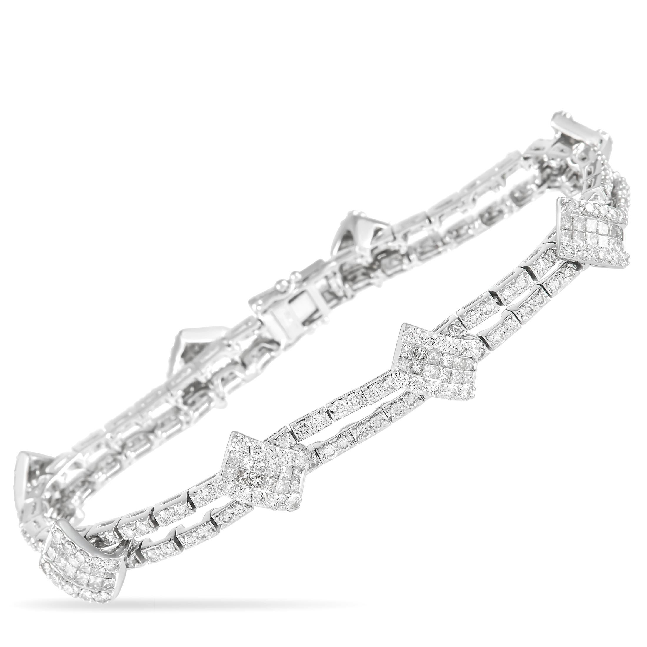 Sleek and delicate, this luxury bracelet will always make a statement. This piece measures 7.5” long and comes complete with a secure box tab insert clasp. An understated 18K White Gold setting provides the perfect foundation for diamonds with a