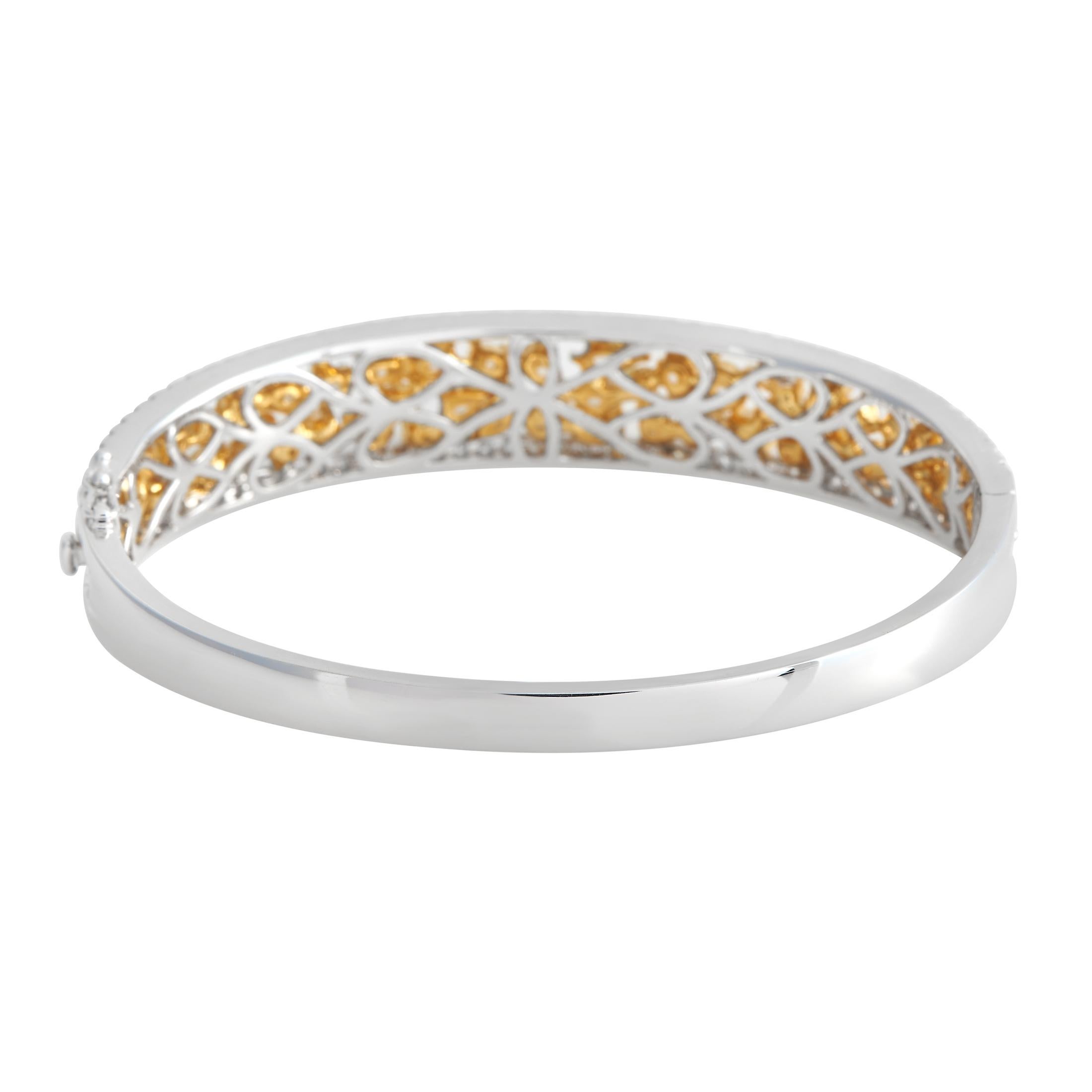 Round Cut LB Exclusive 18K White Gold 7.85 Ct Yellow and White Diamond Bangle Bracelet