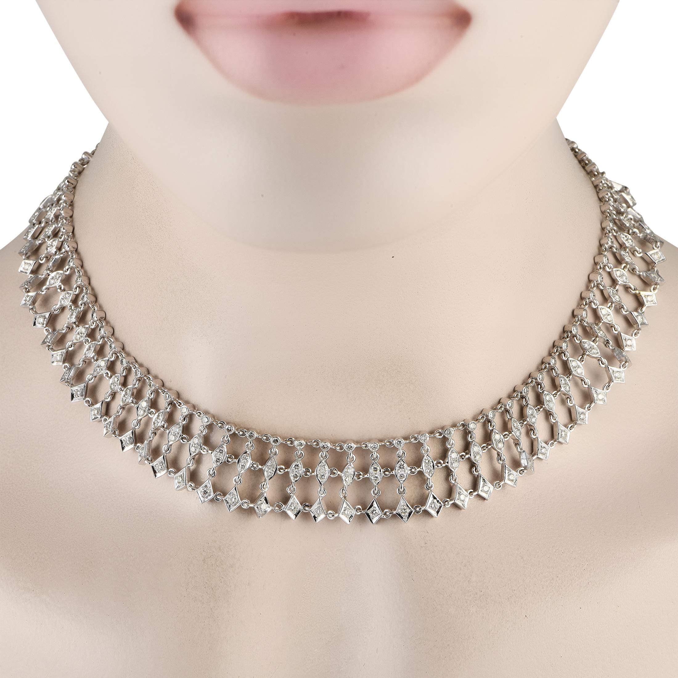 Intricate metalwork and sparkling diamonds with a total weight of 8.53 carats make this lattice collar necklace endlessly impressive. Ideal for even your most special occasions, this exquisite accessory measures 13.5 long and comes complete with a
