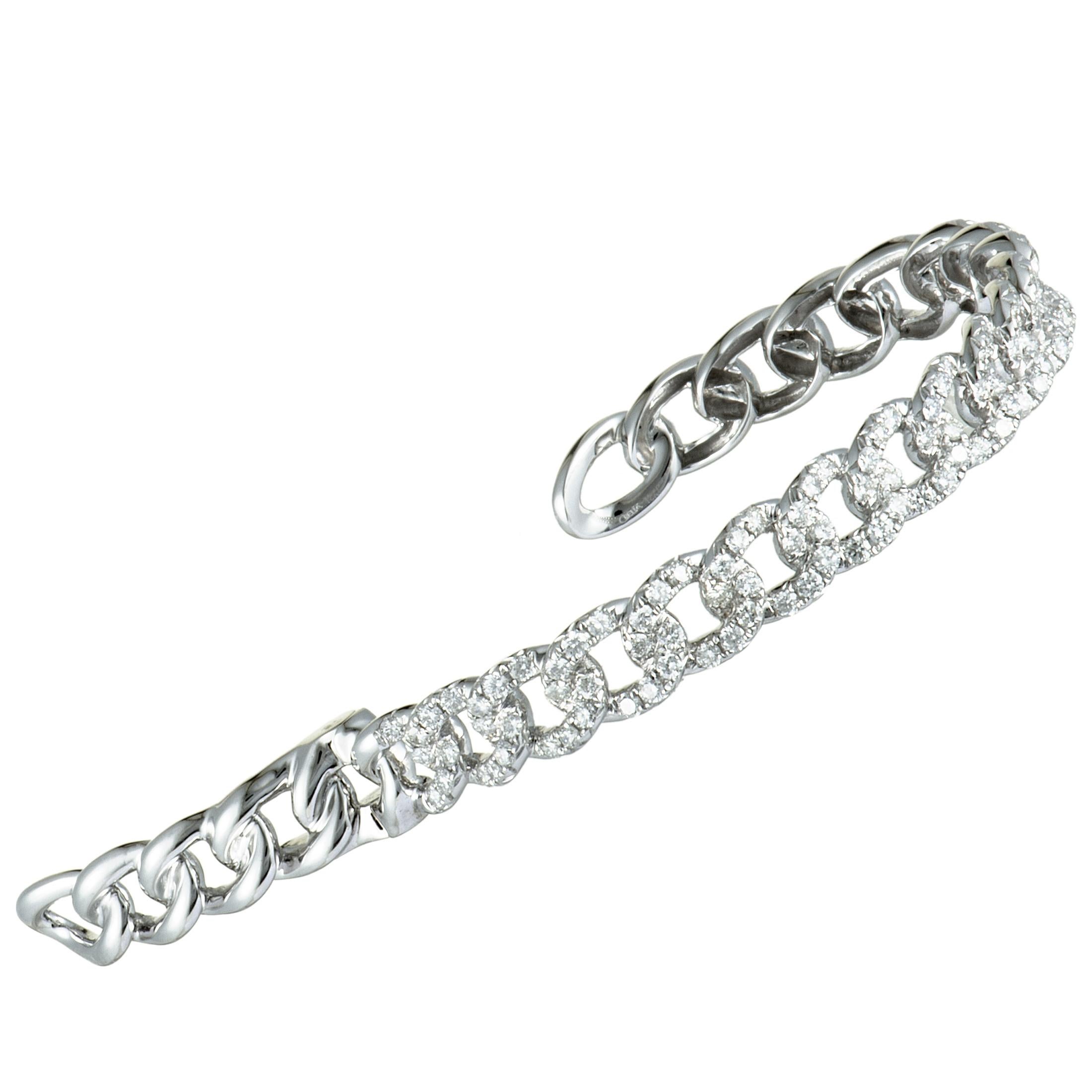 LB Exclusive 18 Karat White Gold Diamond Chain Link Open Bangle Bracelet In New Condition In Southampton, PA