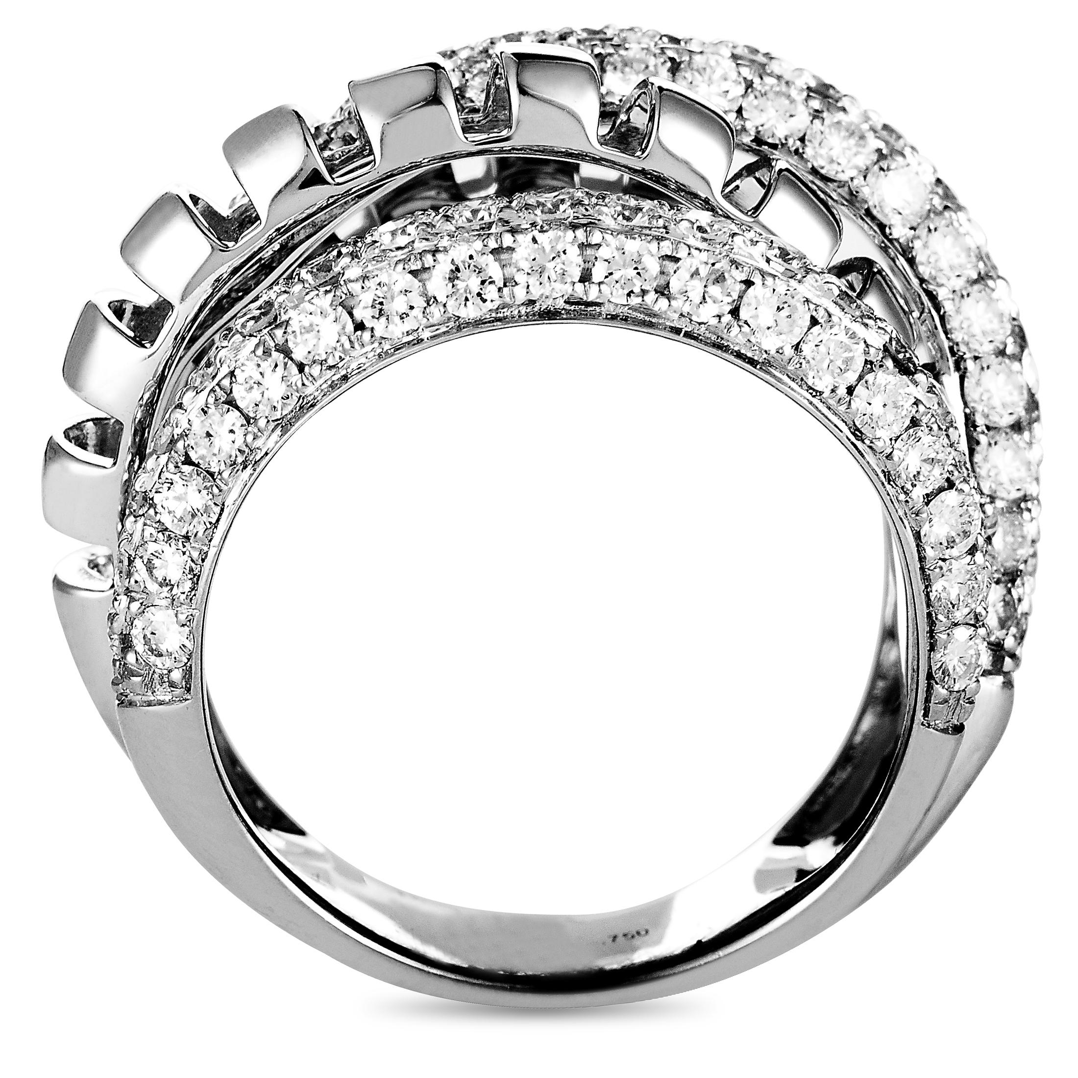 This LB Exclusive ring is crafted from 18K white gold and weighs 9.2 grams, boasting a total of 2.10 carats of diamonds. Band thickness and ring top height measure 6 and 7 mm respectively, while ring top dimensions are 23 by 15 mm.

Offered in
