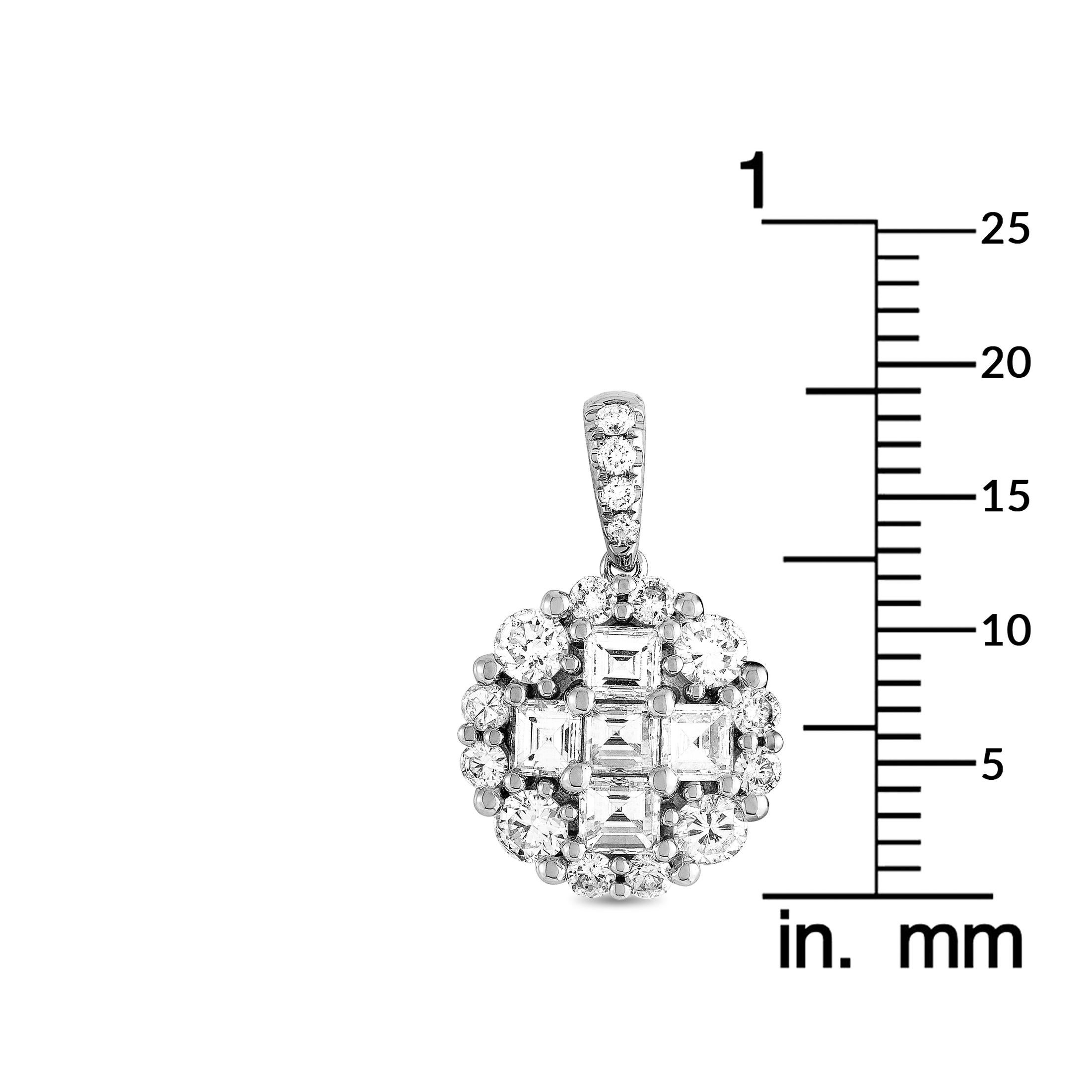 This LB Exclusive pendant is crafted from 18K white gold and set with round and asscher diamonds that total 0.52 and 0.65 carats respectively. The pendant weighs 2.6 grams and measures 0.75” in length and 0.45” in width.

Offered in brand new