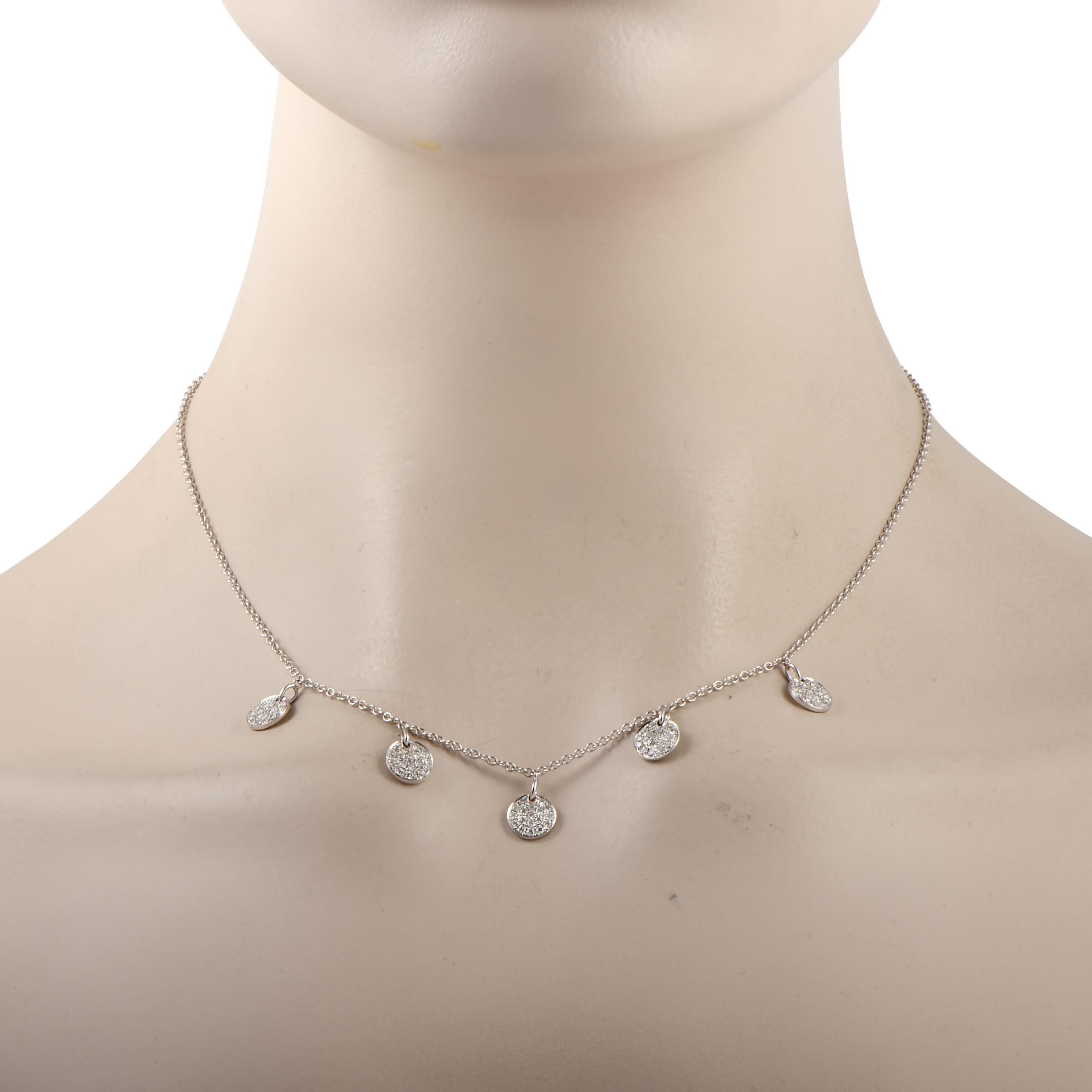 This LB Exclusive necklace is crafted from 18K white gold and set with a total of 0.78 carats of diamonds. The necklace weighs 6.9 grams and boasts an 8” chain with lobster claw closure.

Offered in brand new condition, this jewelry piece includes a