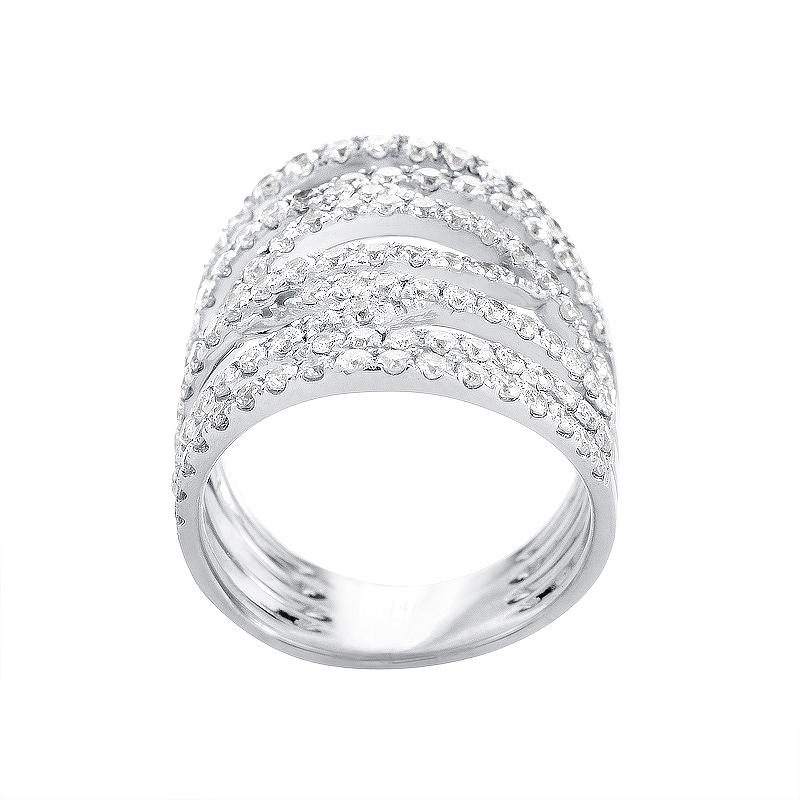 The ring consists of several 18K white gold bands growing apart from the bottom of the ring upwards, interchanging at the top and blending beautifully with 2.54 carats of diamonds spread across them.
Ring Size: 7