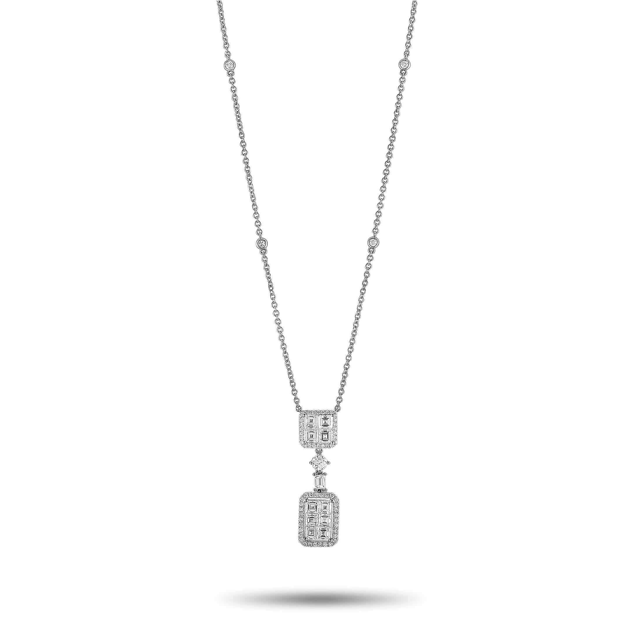 This LB Exclusive necklace is crafted from 18K white gold and set with round and square diamonds that, respectively, total 0.87 and 2.48 carats. The necklace weighs 7.3 grams, and boasts a 16” chain and a pendant that measures 1.37” in length and