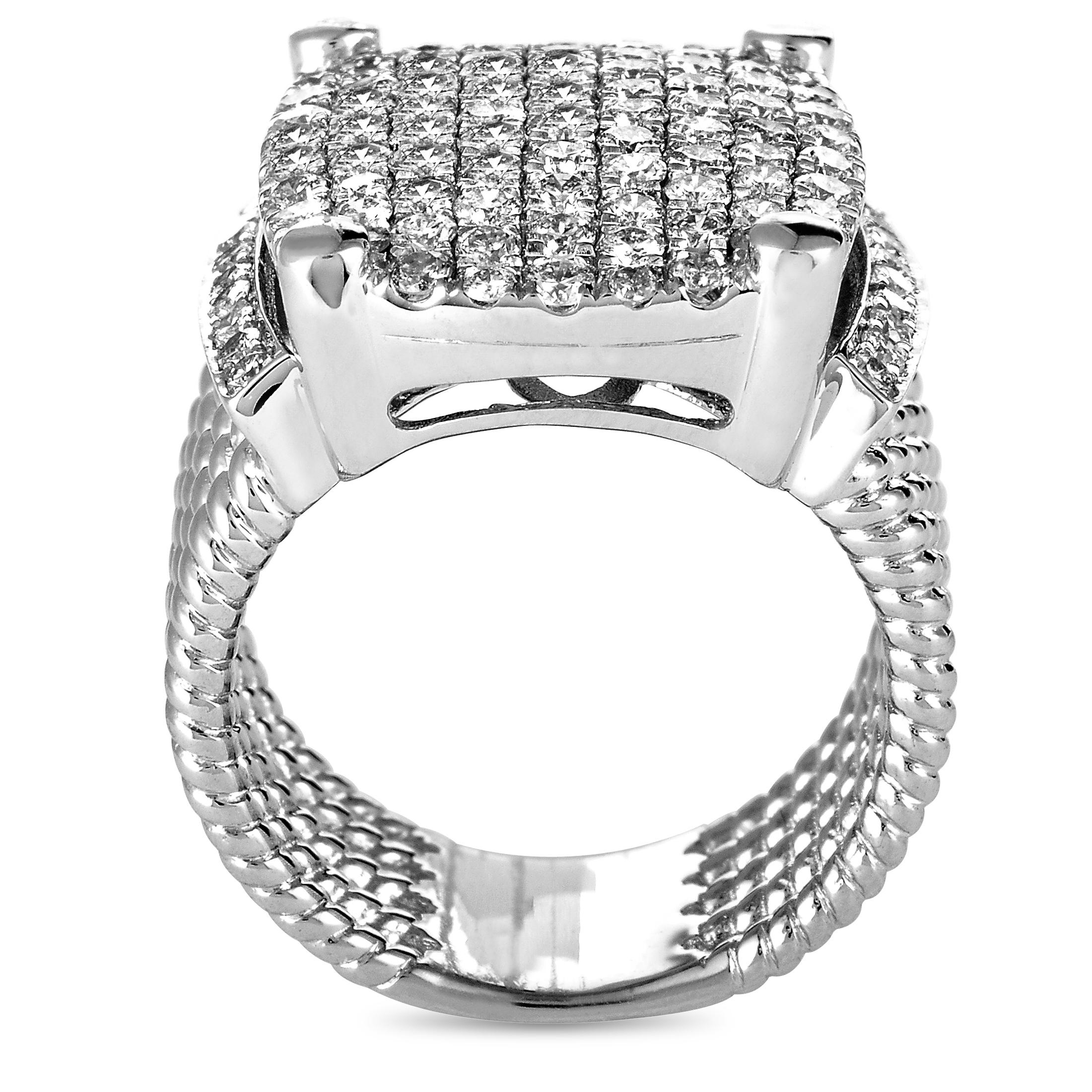 This LB Exclusive ring is crafted from 18K white gold and weighs 14.2 grams, boasting a total of 1.91 carats of diamonds. Band thickness and ring top height measure 10 and 6 mm respectively, while ring top dimensions are 20 by 18 mm.

Offered in