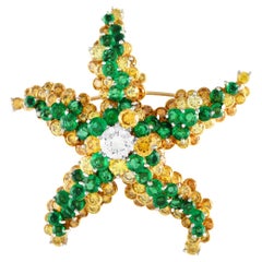 LB Exclusive 18k White Gold White and Fancy Yellow Diamond and Emerald Brooch