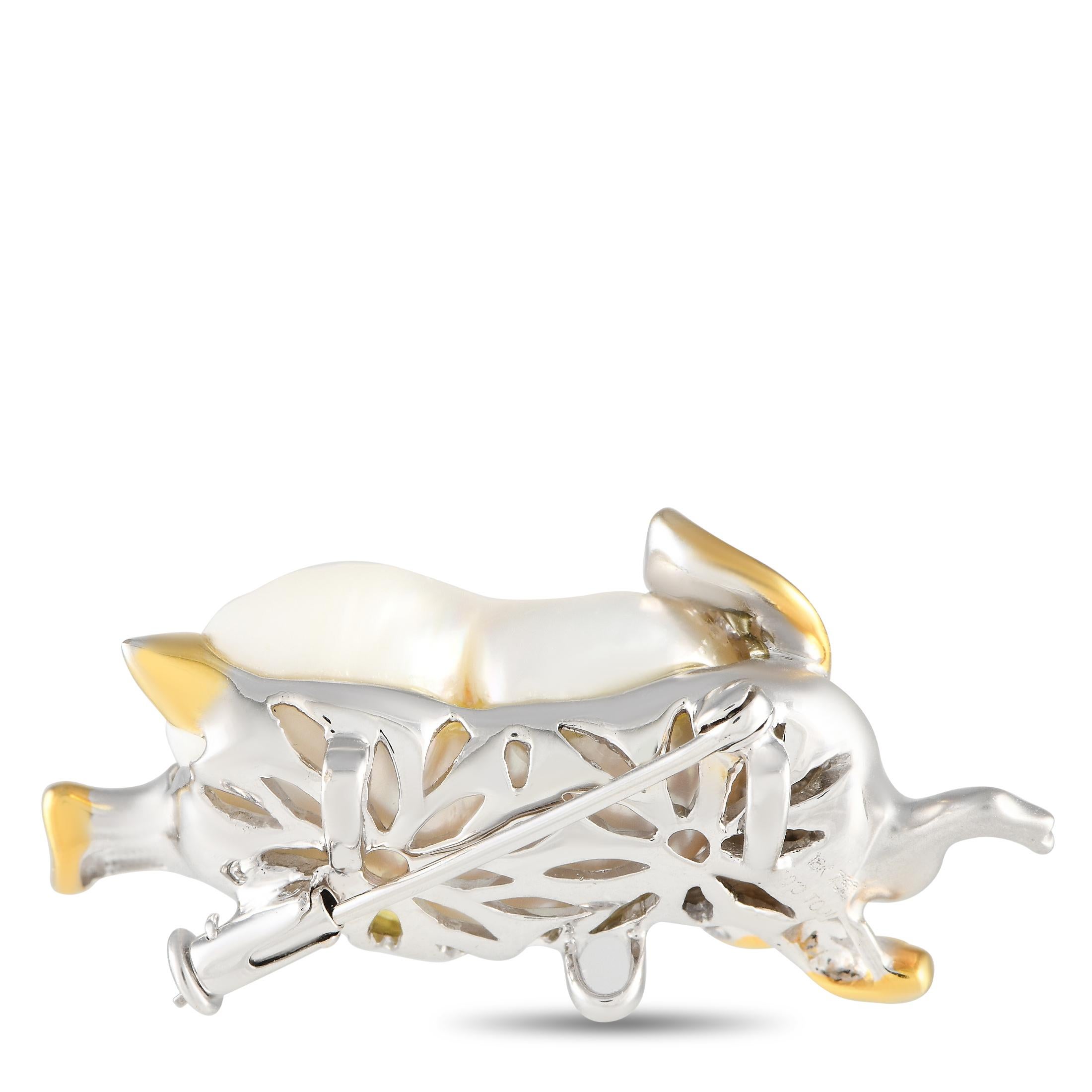 Round Cut LB Exclusive 18K Yellow and White Gold 0.10ct Diamond and Pearl Elephant Brooch  For Sale