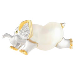 LB Exclusive 18K Yellow and White Gold 0.10ct Diamond and Pearl Elephant Brooch 