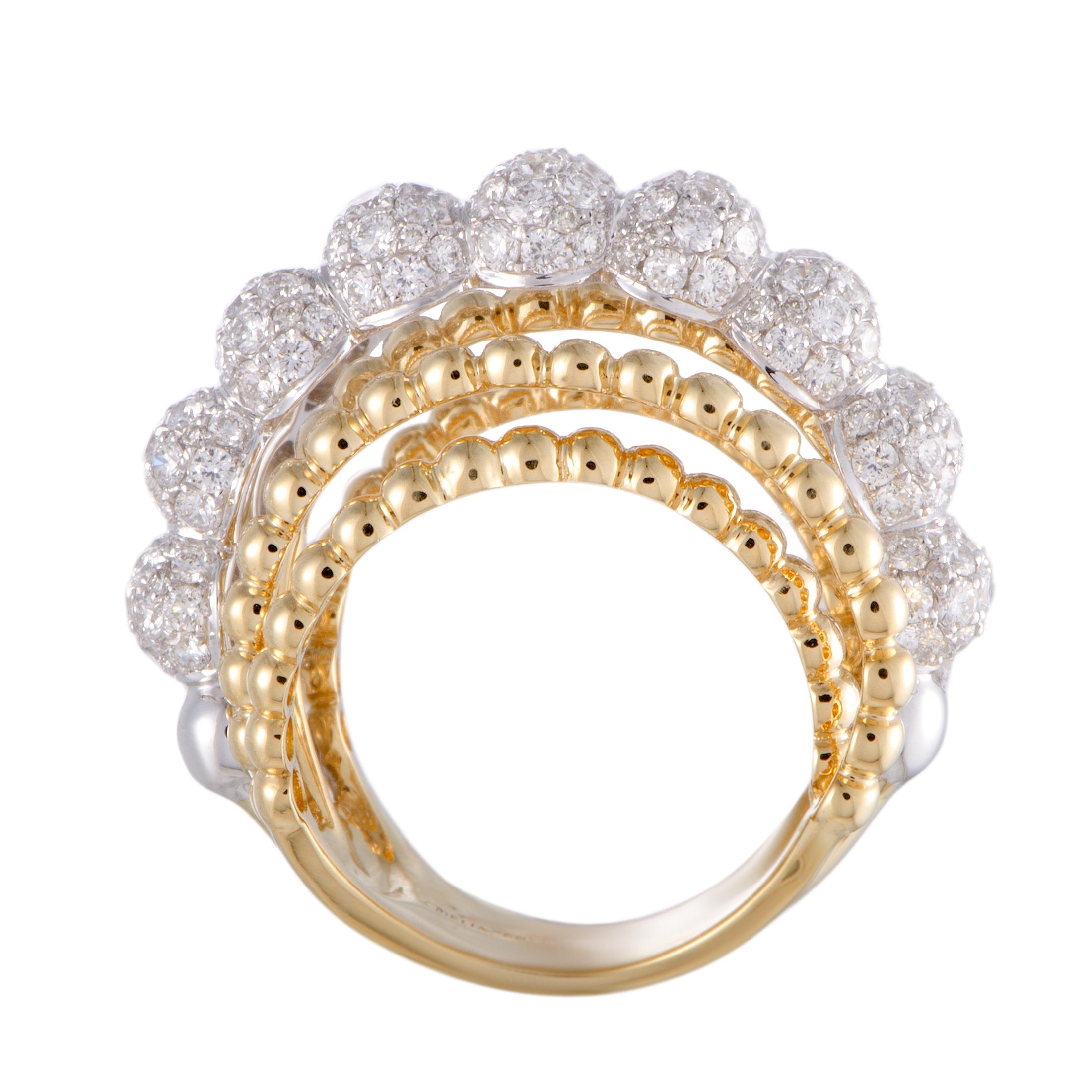Wonderfully combining nifty beads of fabulous 18K yellow gold with gorgeously resplendent and simply astonishing clusters of diamond brilliance upon perfectly complementing 18K white gold, this magnificent ring from  produces an eye-catching and
