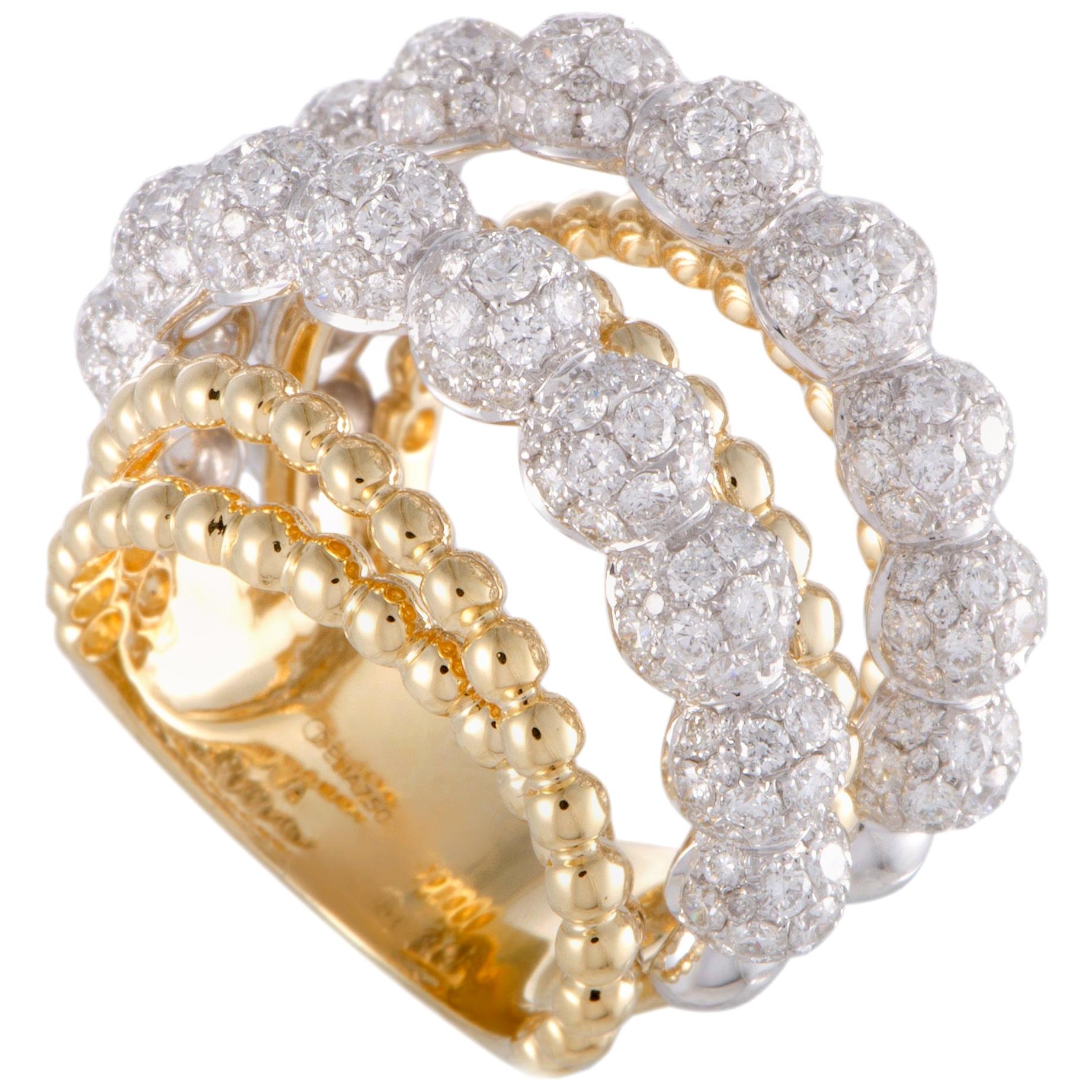 LB Exclusive 18k Yellow and White Gold, 3.90 Carat Diamond Beaded 6-Band Ring