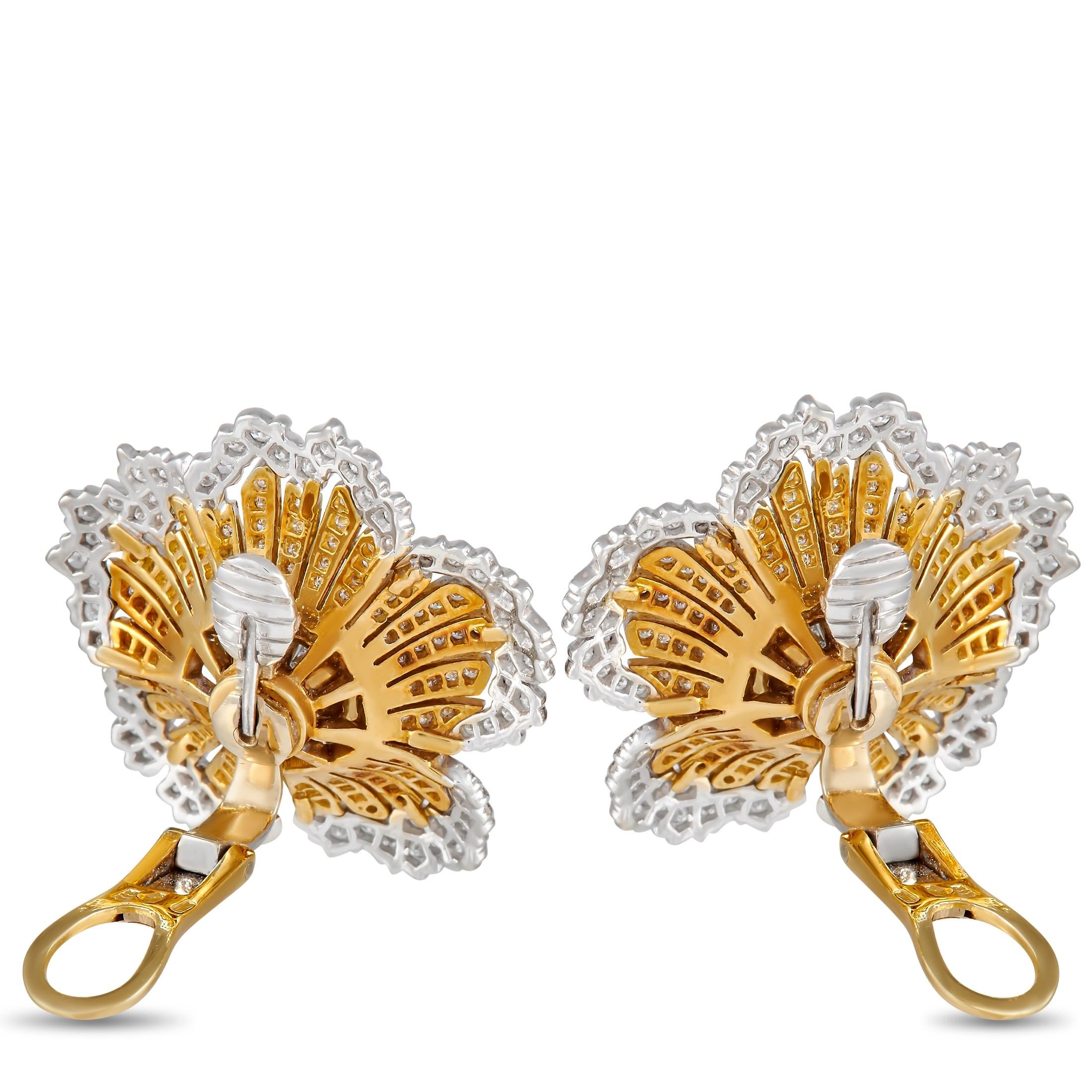 Not your ordinary two-toned floral earrings. These clip-ons carry a vintage flair that is hard to resist. Each earring measures 1.25-inch in diameter and features a double-bloom flower silhouette. The shapely petals have their tips in white gold,