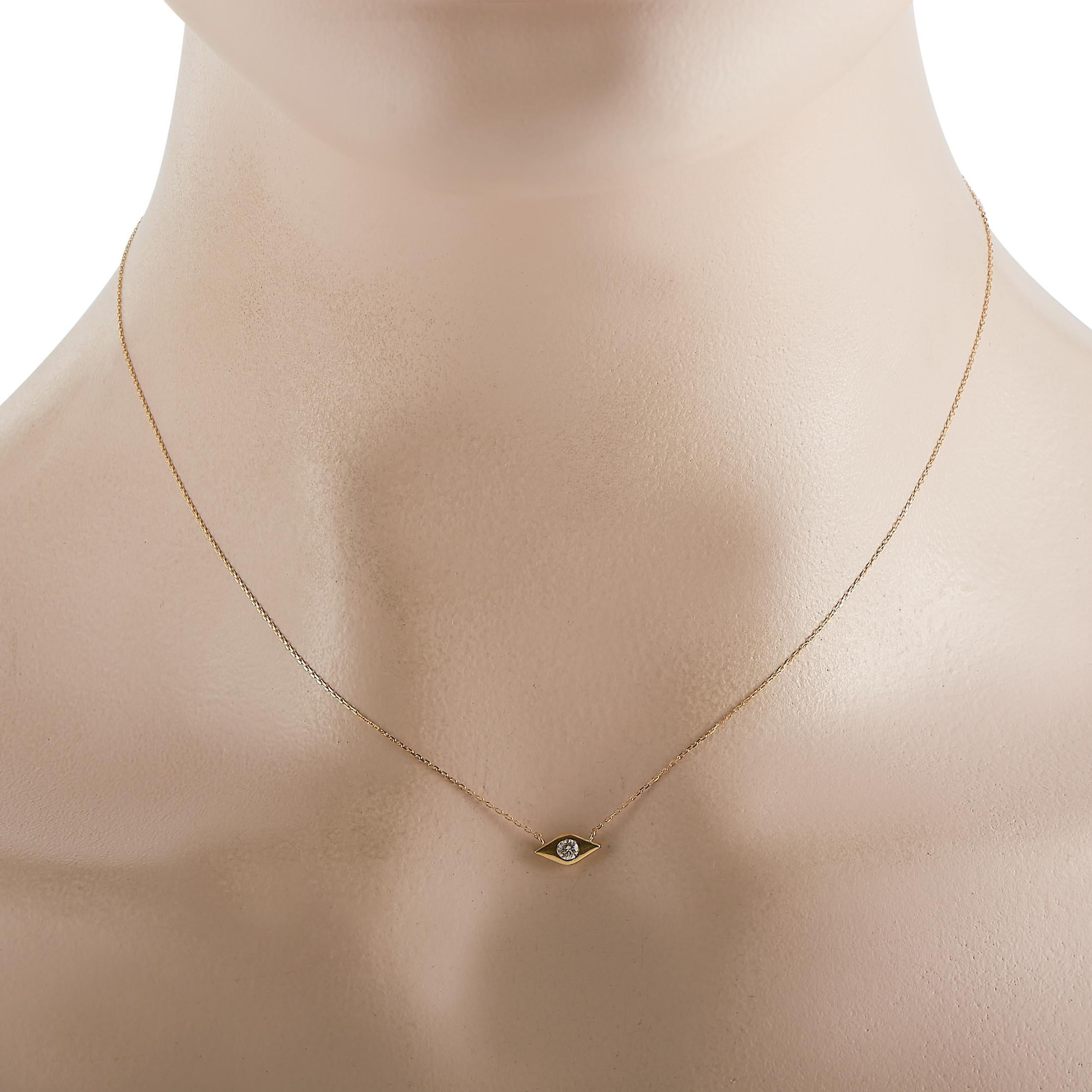 An eye-shaped pendant measuring .15” long and 0.25” wide makes a statement on this 18K Yellow Gold pendant necklace. Suspended at the center of a 15” chain, it features a glittering 0.08 carat round cut diamond at the center for a touch of added