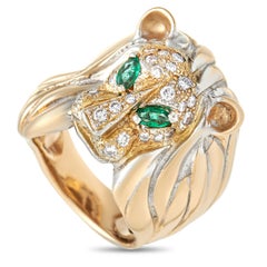 LB Exclusive 18K Yellow Gold 0.30 ct Diamond and 0.35 ct Emerald Lion Ring