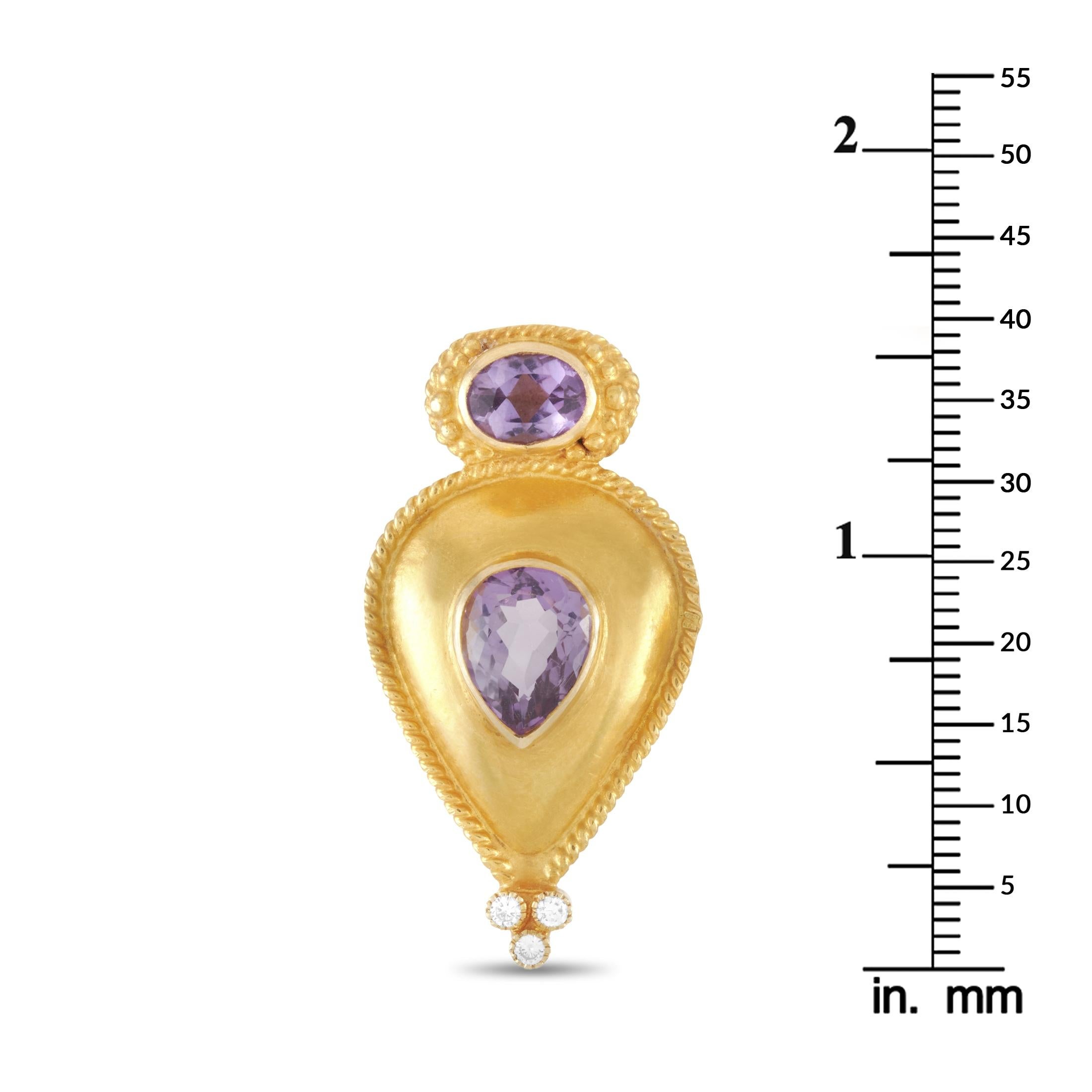 Round Cut LB Exclusive 18 Karat Yellow Gold 0.30 Carat Diamond and Amethyst Earrings