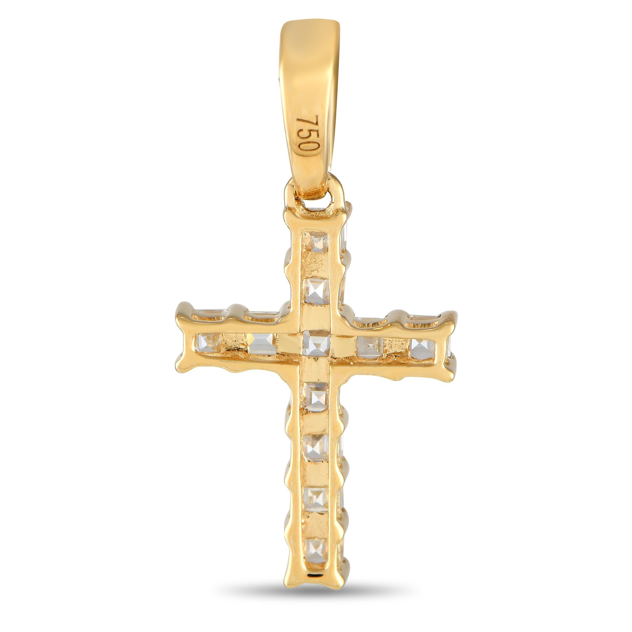 An array of sparkling Diamonds with a total weight 0.37 carats makes this cross shaped pendant simply unforgettable. Crafted from opulent 18K Yellow Gold, it measures 0.75 long by 0.45 wide.This jewelry piece is offered in brand new condition and