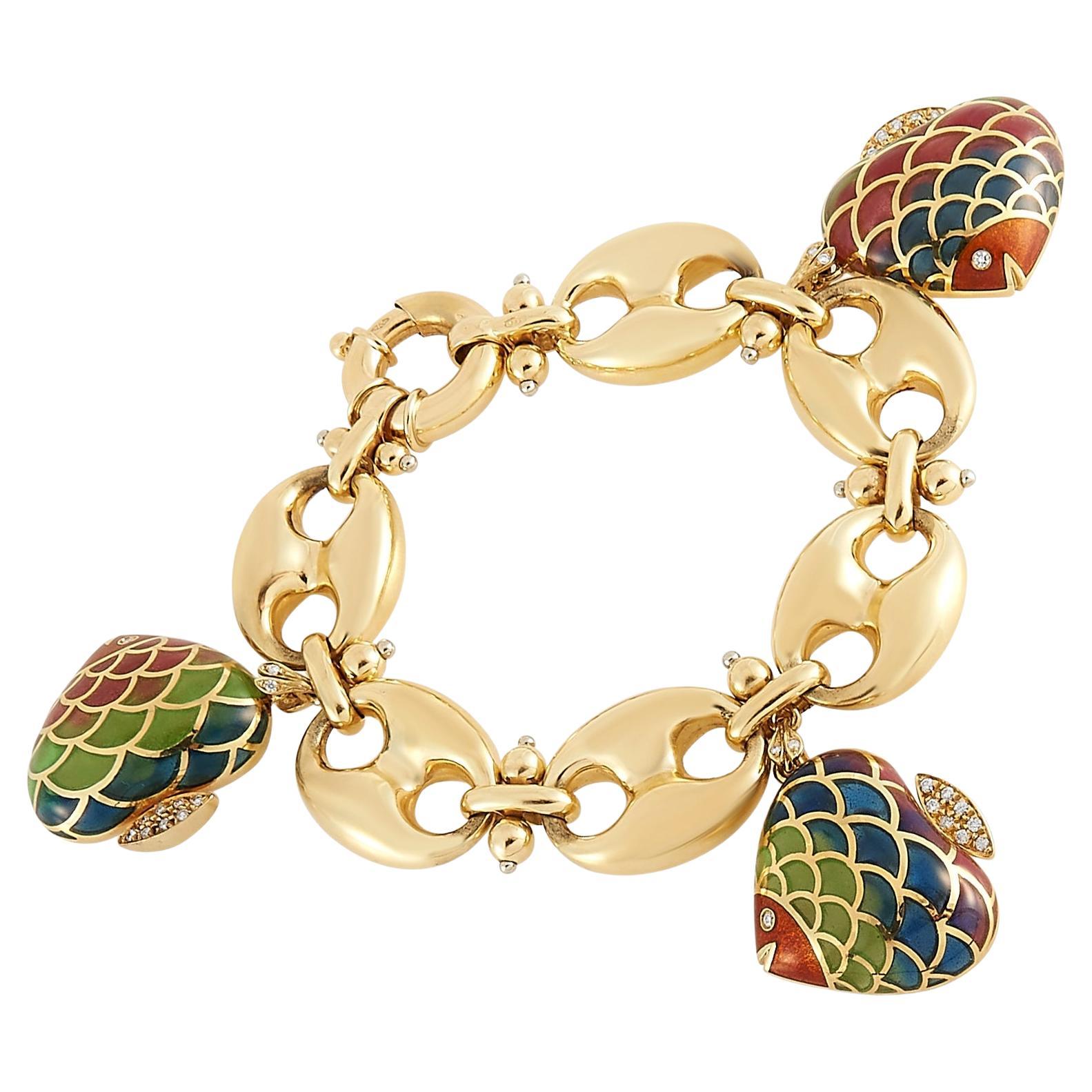LB Exclusive 18K Yellow Gold 0.40 ct Diamond and Enamel Fish Charm Bracelet