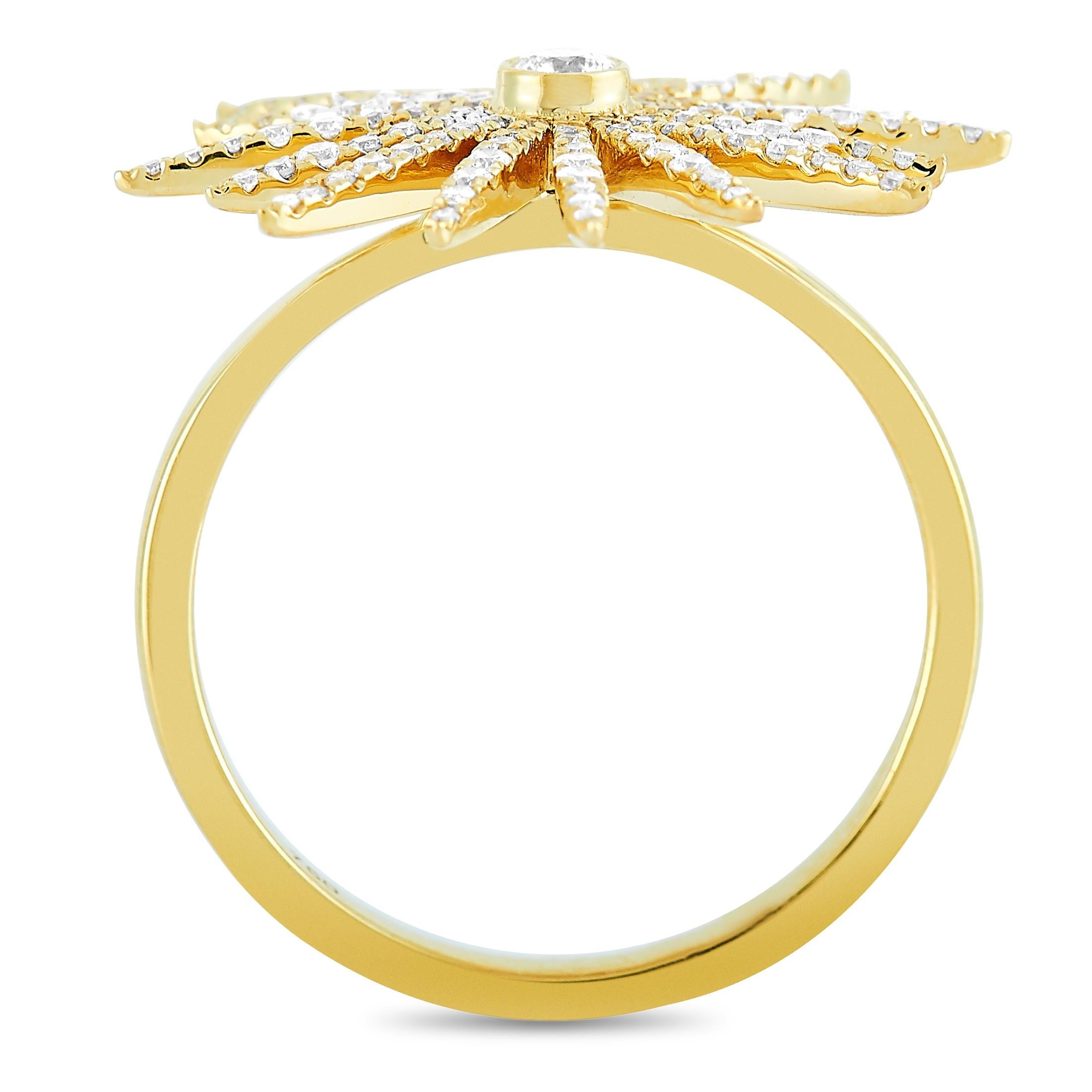 This LB Exclusive ring is crafted from 18K yellow gold and weighs 4 grams. It boasts band thickness of 2 mm and top height of 4 mm, while top dimensions measure 20 by 20 mm. The ring is set with diamonds that total 0.45 carats.
 
 Offered in brand