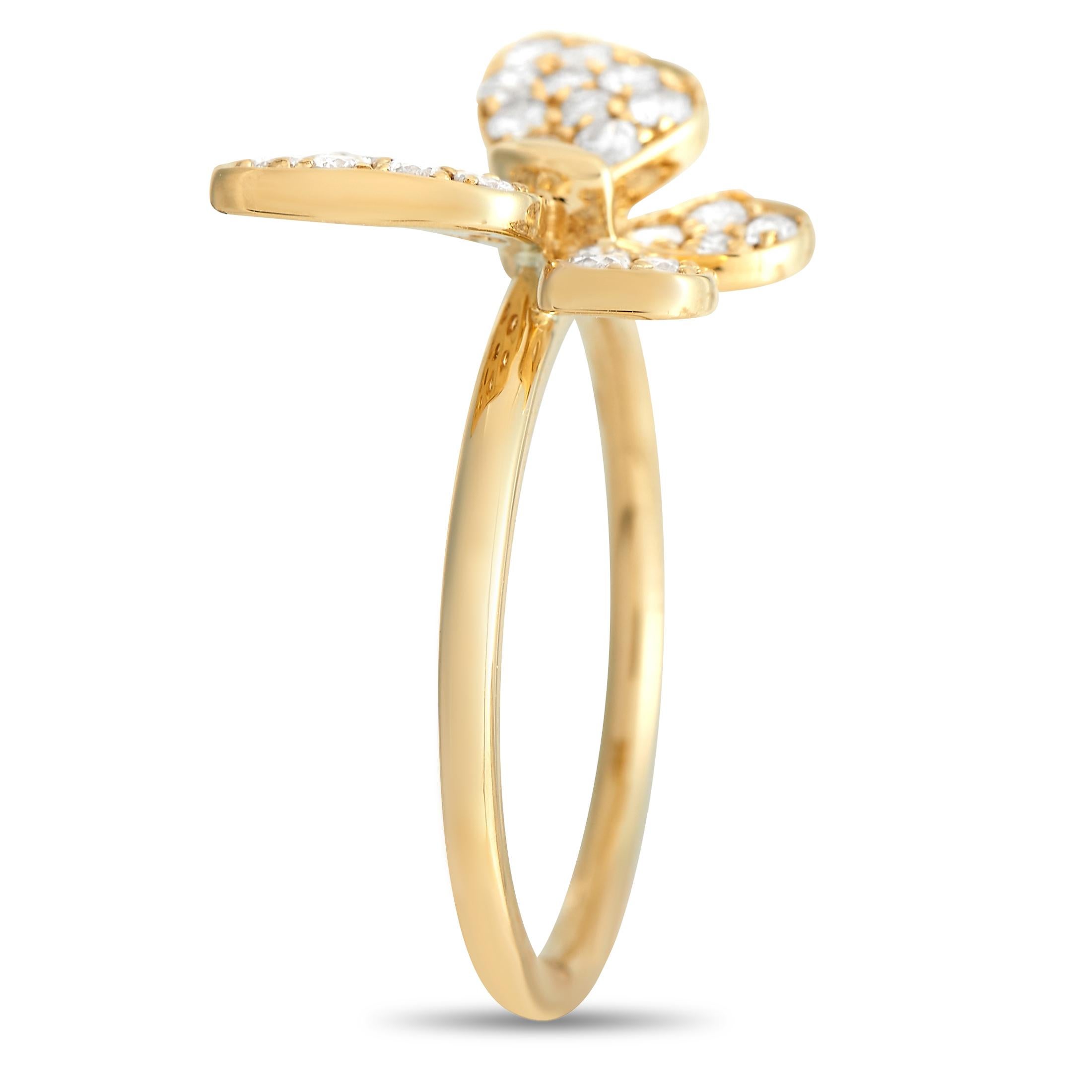 A singular butterfly motif sits at the center of a 2mm wide band on this delicate, dynamic ring. Crafted from lustrous 18K Yellow Gold, it comes to life thanks to sparkling inset diamonds with a total weight of 0.46 carats. A slight 3mm top height