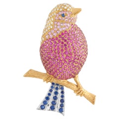 LB Exclusive 18K Yellow Gold 0.50 Ct Diamond and Sapphire Bird Brooch
