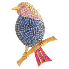 LB Exclusive 18K Yellow Gold 0.50 Ct Diamond and Sapphire Bird Brooch