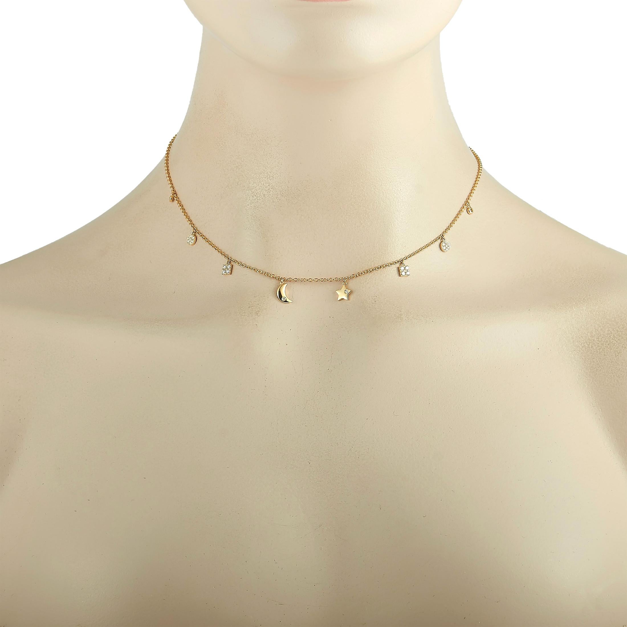 This LB Exclusive necklace is crafted from 18K yellow gold and weighs 4.4 grams, measuring 15” in length. The necklace is set with diamonds that total 0.50 carats.
 
 Offered in brand new condition, this jewelry piece includes a gift box.