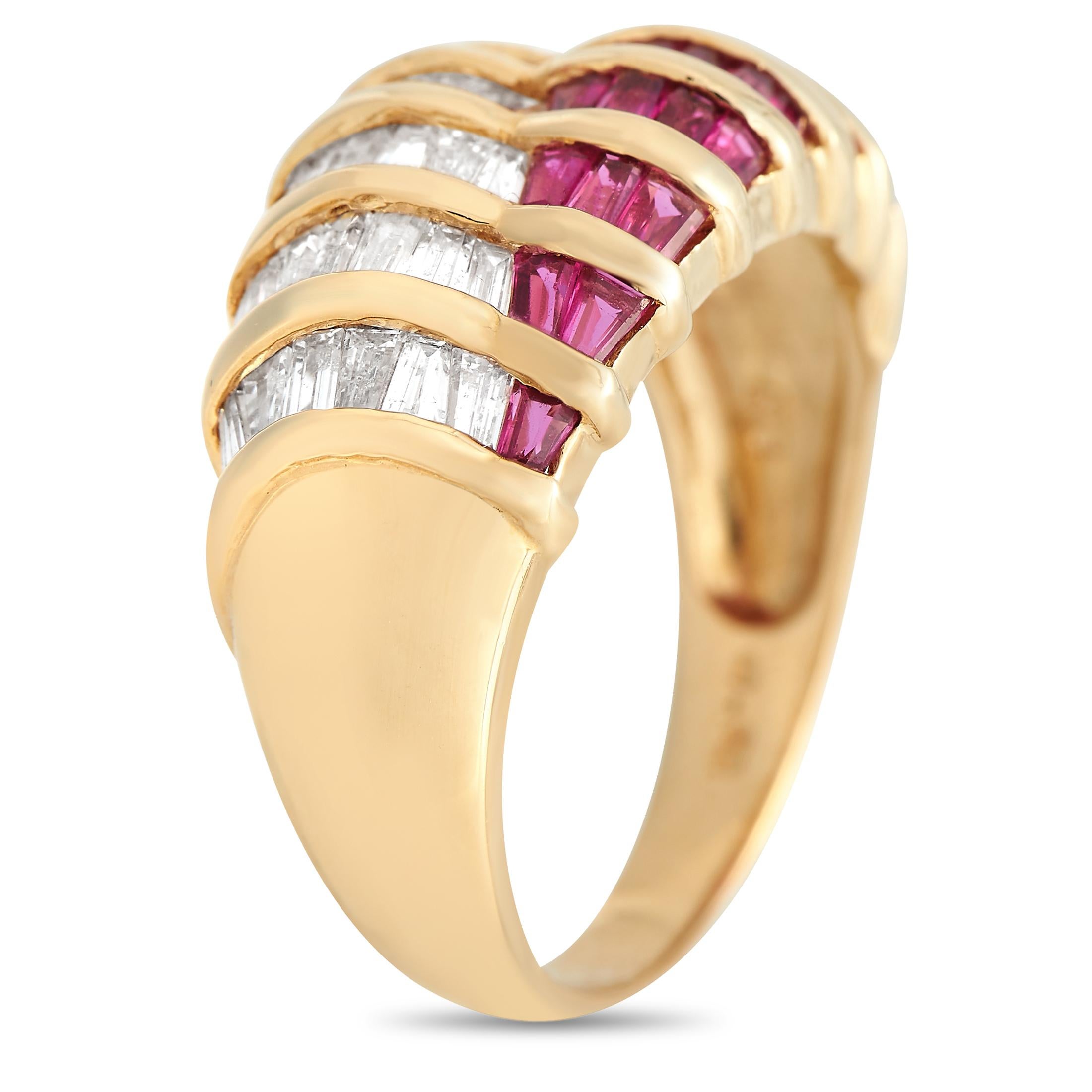 Sparkling Diamond baguettes totaling 0.50 carats and Rubies totaling 0.50 carats are perfectly juxtaposed on this exquisite luxury ring. This piece\u2019s sleek 18K Yellow Gold setting features a band width and top height measuring 3mm, making it an