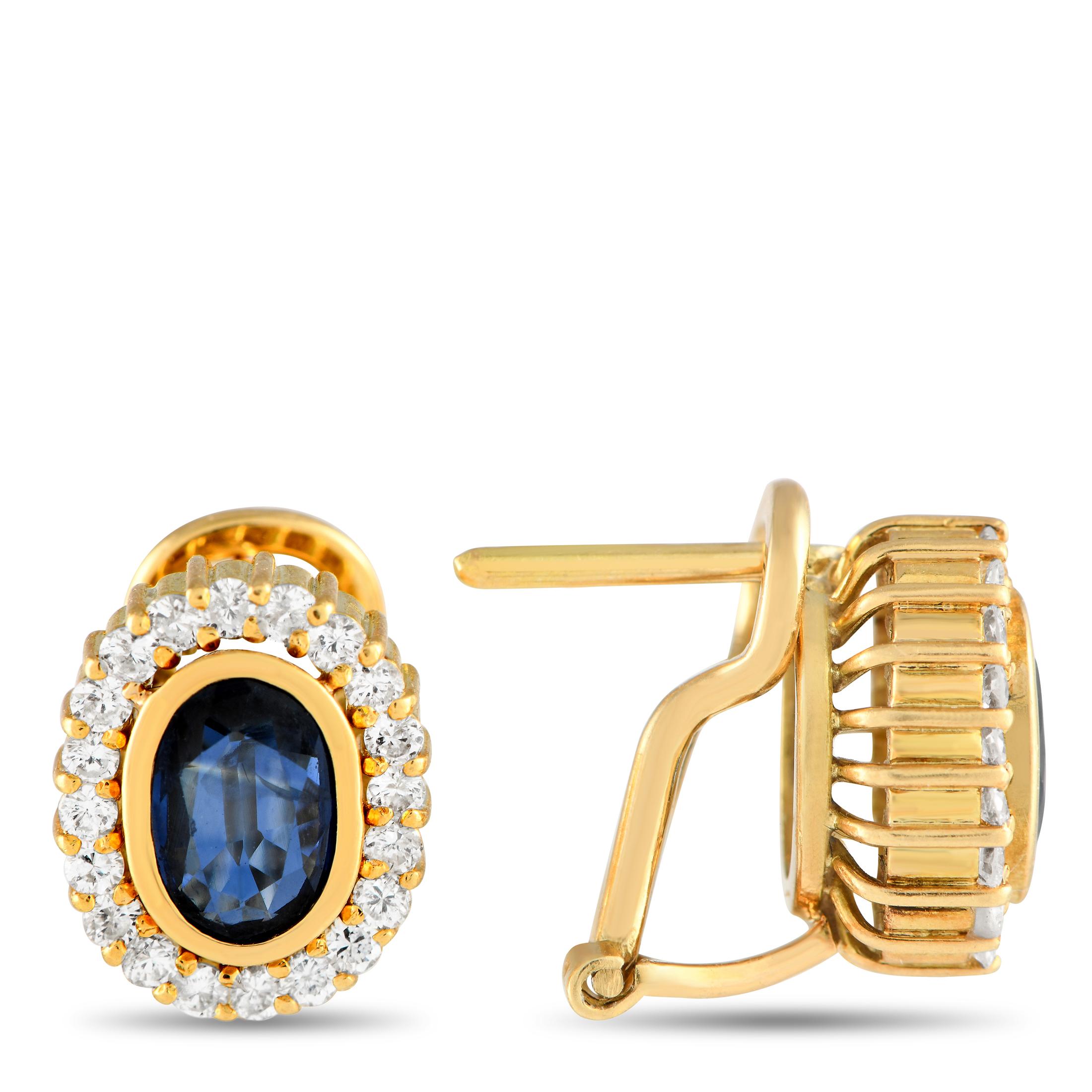 These classically elegant earrings will never go out of style. At the center of each earring, youll find a captivating oval-cut sapphires that together total 1.0 carats. Additional Diamond accents with a total weight of 0.50 carats add extra sparkle