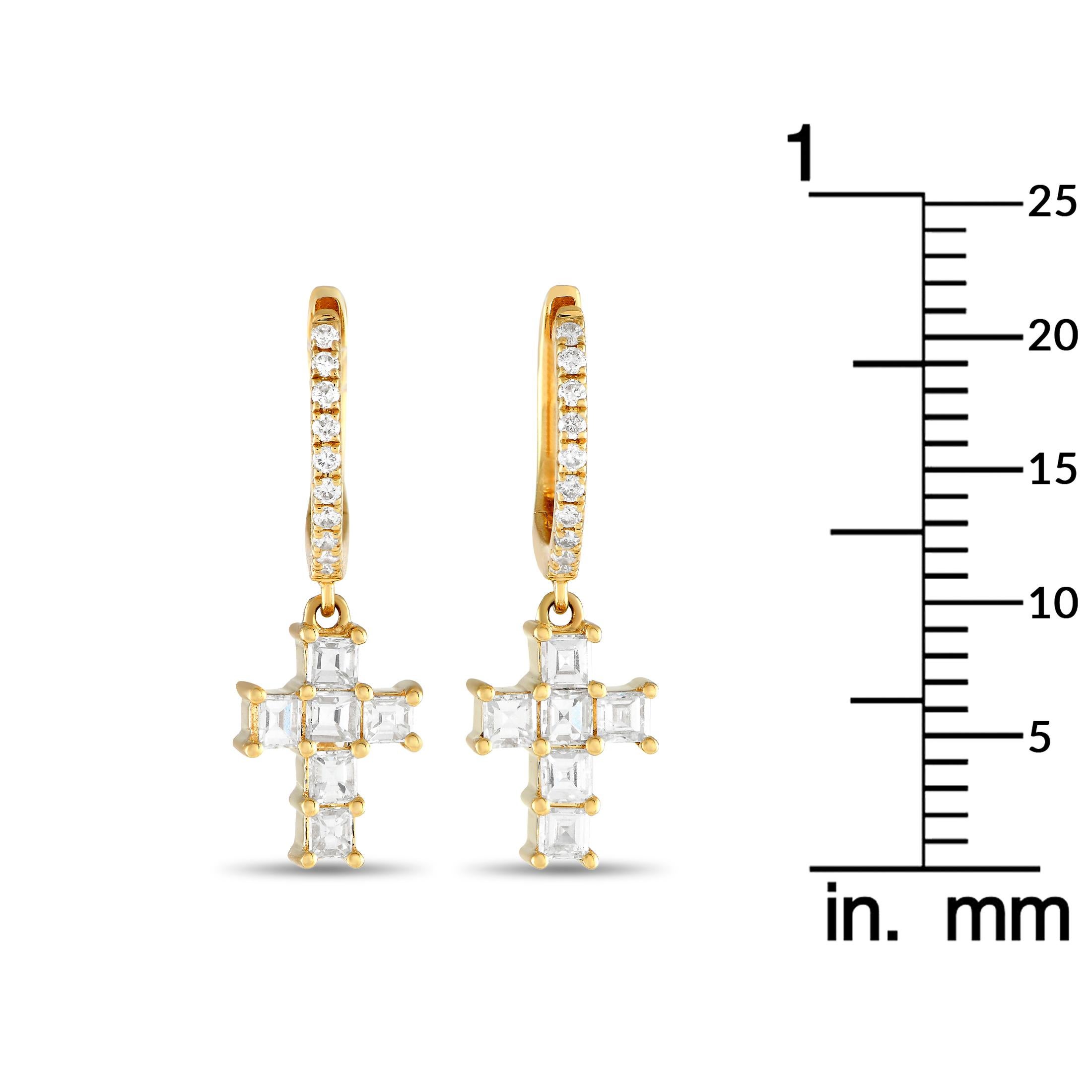 Mixed Cut 18K Yellow Gold 0.66ct Diamond Cross Drop Earrings AER-18287