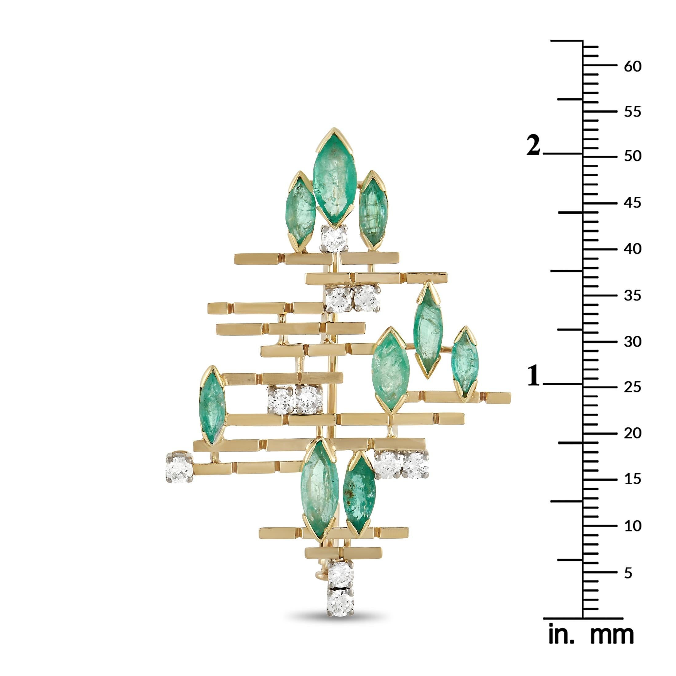 Mixed Cut LB Exclusive 18K Yellow Gold 0.70 Ct Diamond and Emerald Brooch