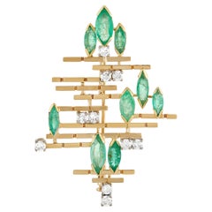LB Exclusive 18K Yellow Gold 0.70 Ct Diamond and Emerald Brooch