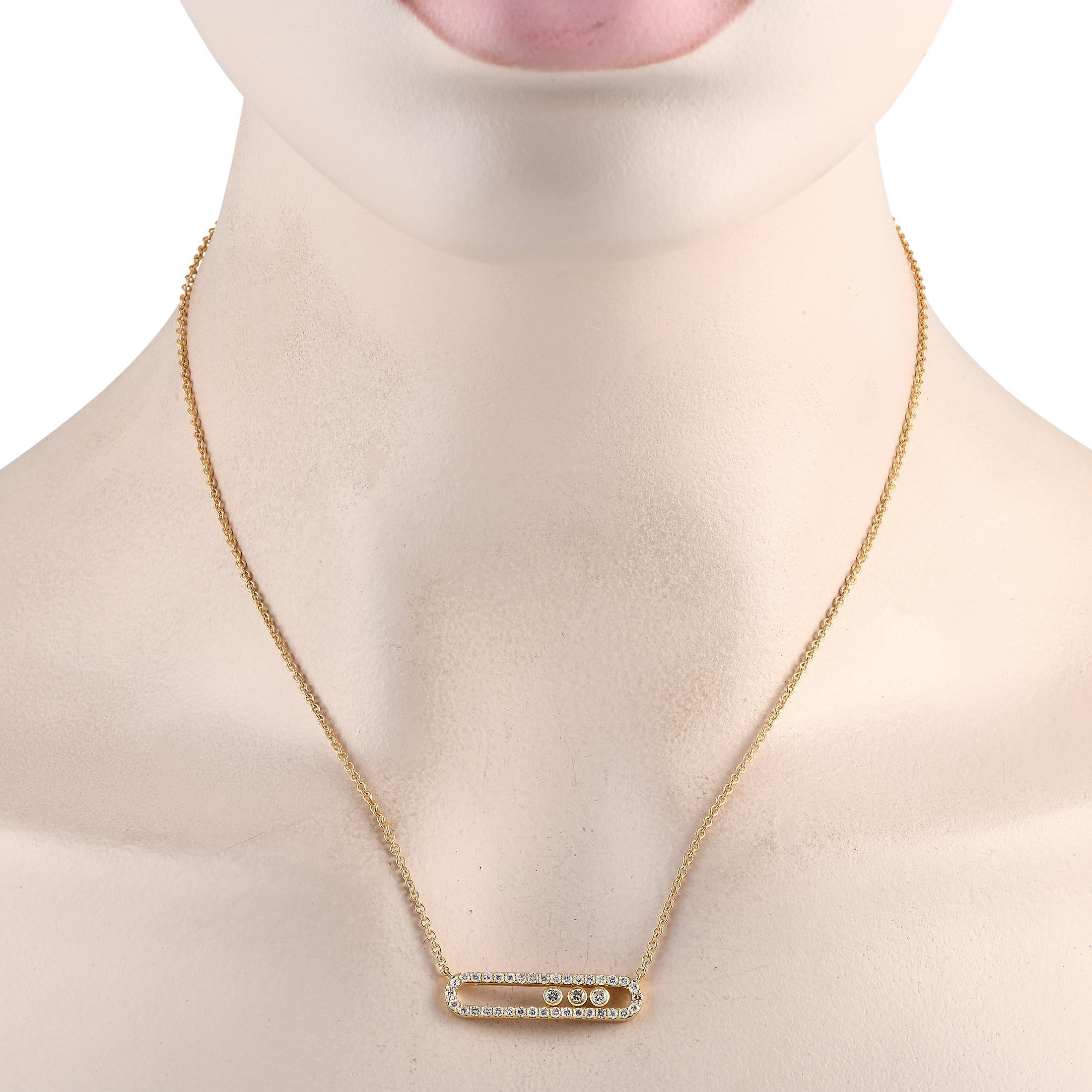 Despite its dynamic design, this opulent necklace is ideal for everyday wear. The sleek, sophisticated pendant is adorned with sparkling diamonds totaling 0.70 carats. Suspended at the center of a 16” chain, it measures 0.15” long and 1.10” wide. 

